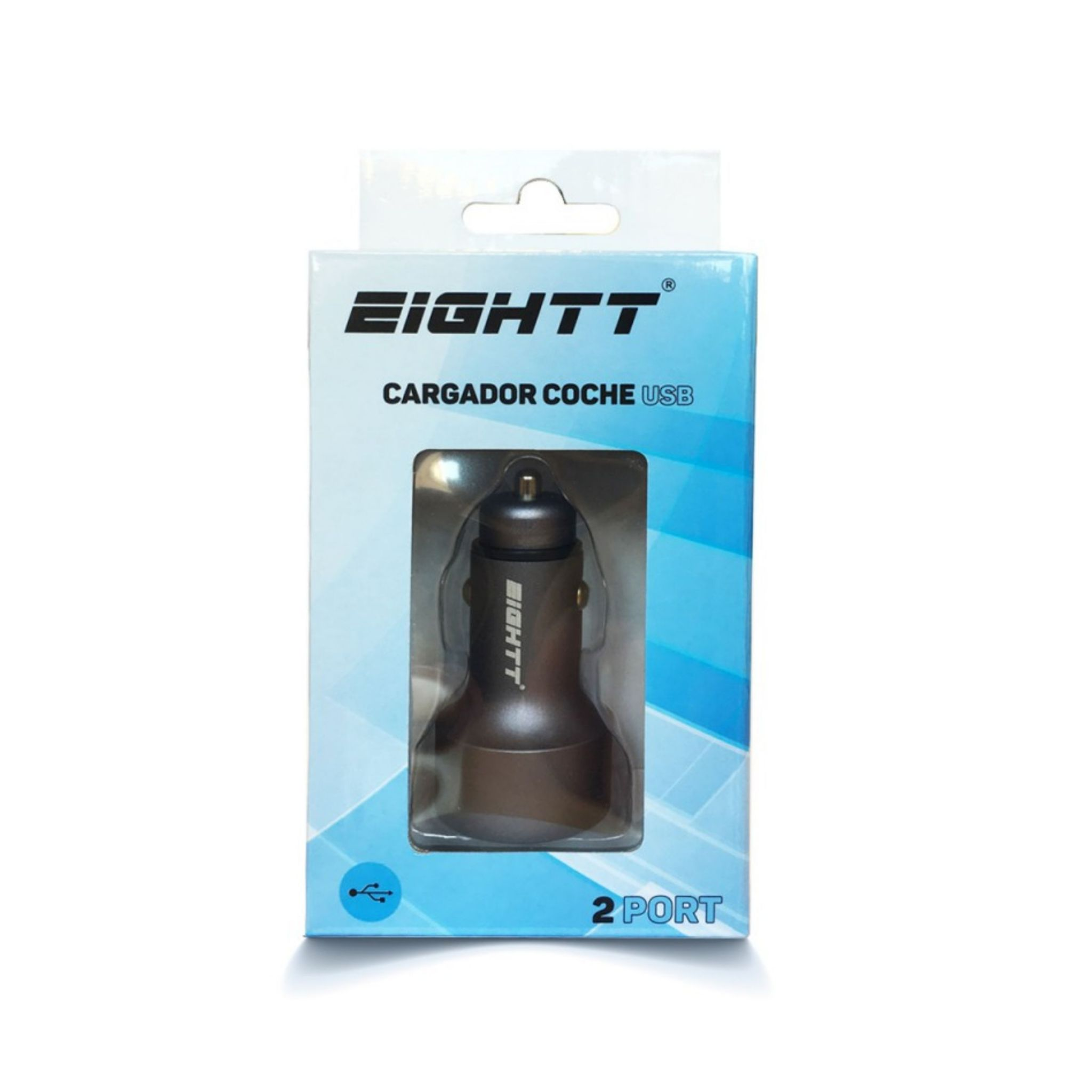 Un cargador de coche en su embalaje, con la marca 'EIGHTT' y detalles del puerto USB.