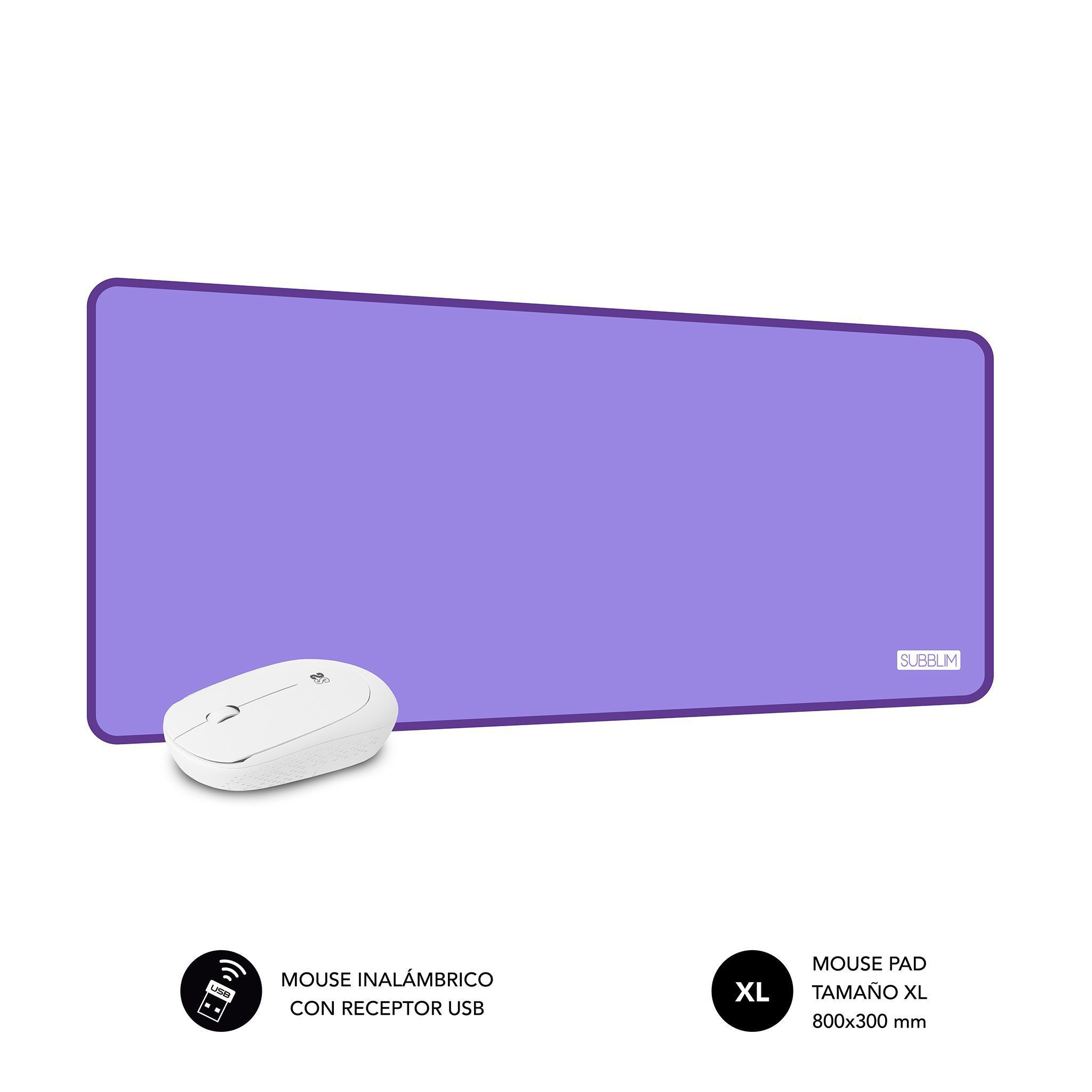 Una alfombrilla de ratón morada con un ratón inalámbrico blanco y texto.
