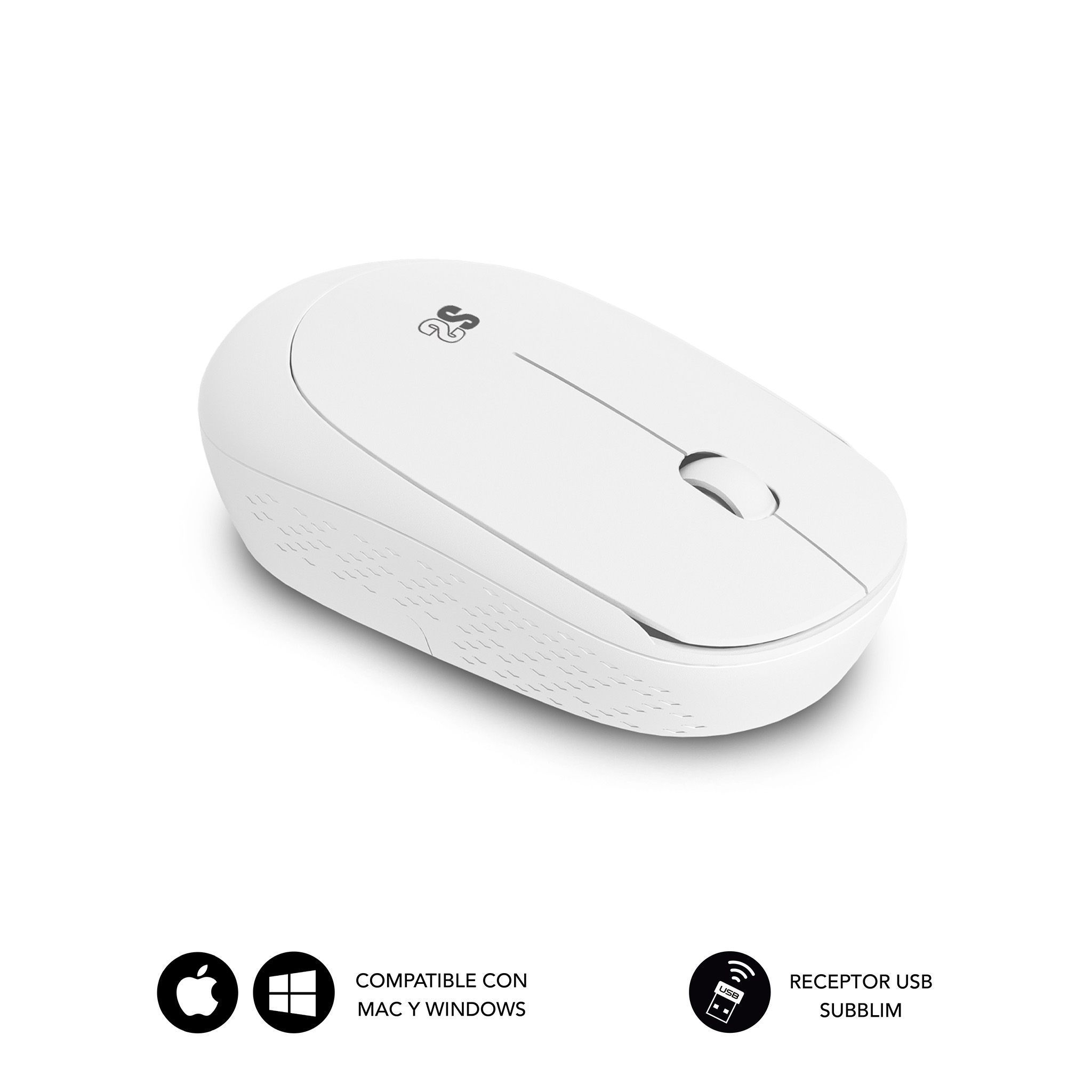 Ratón inalámbrico blanco con rueda de desplazamiento y logotipos de Apple y Windows.