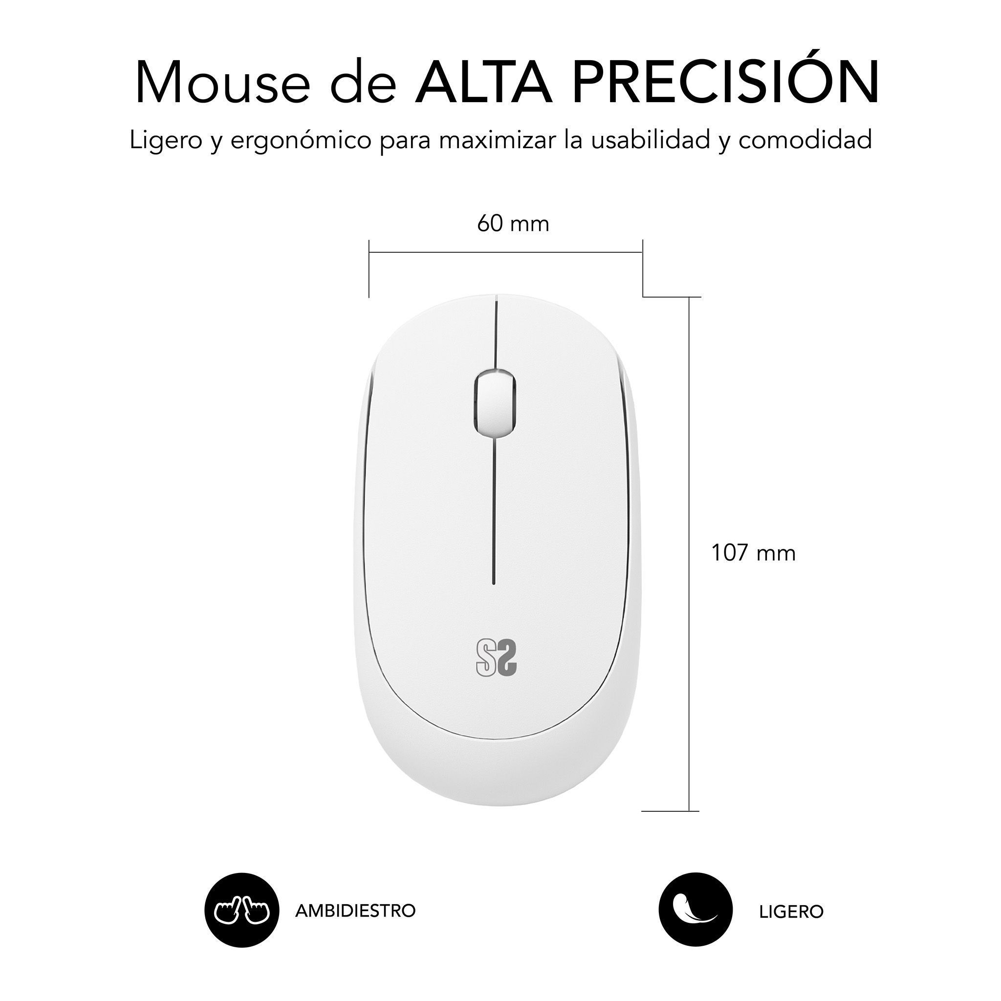 Ratón inalámbrico blanco con rueda de desplazamiento, etiquetado 'S2'. Dimensiones: 107 mm x 60 mm. Ambidextro y ligero.