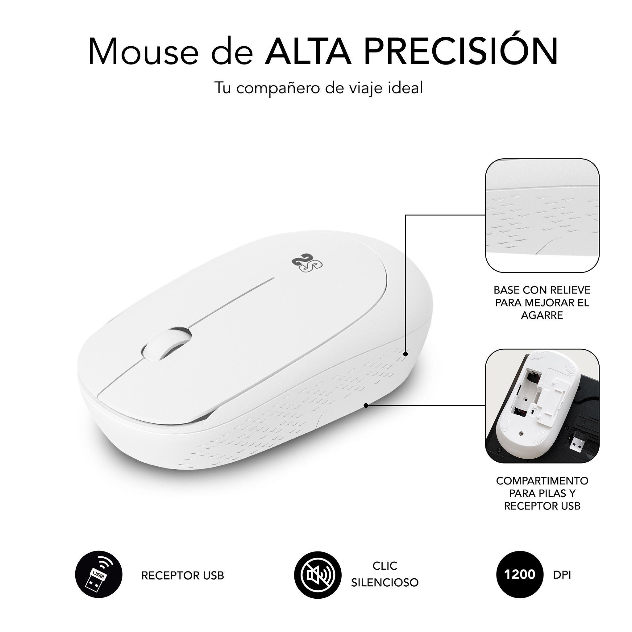 Un ratón inalámbrico blanco con diagramas que muestran el agarre, el compartimento de la batería y el receptor USB.