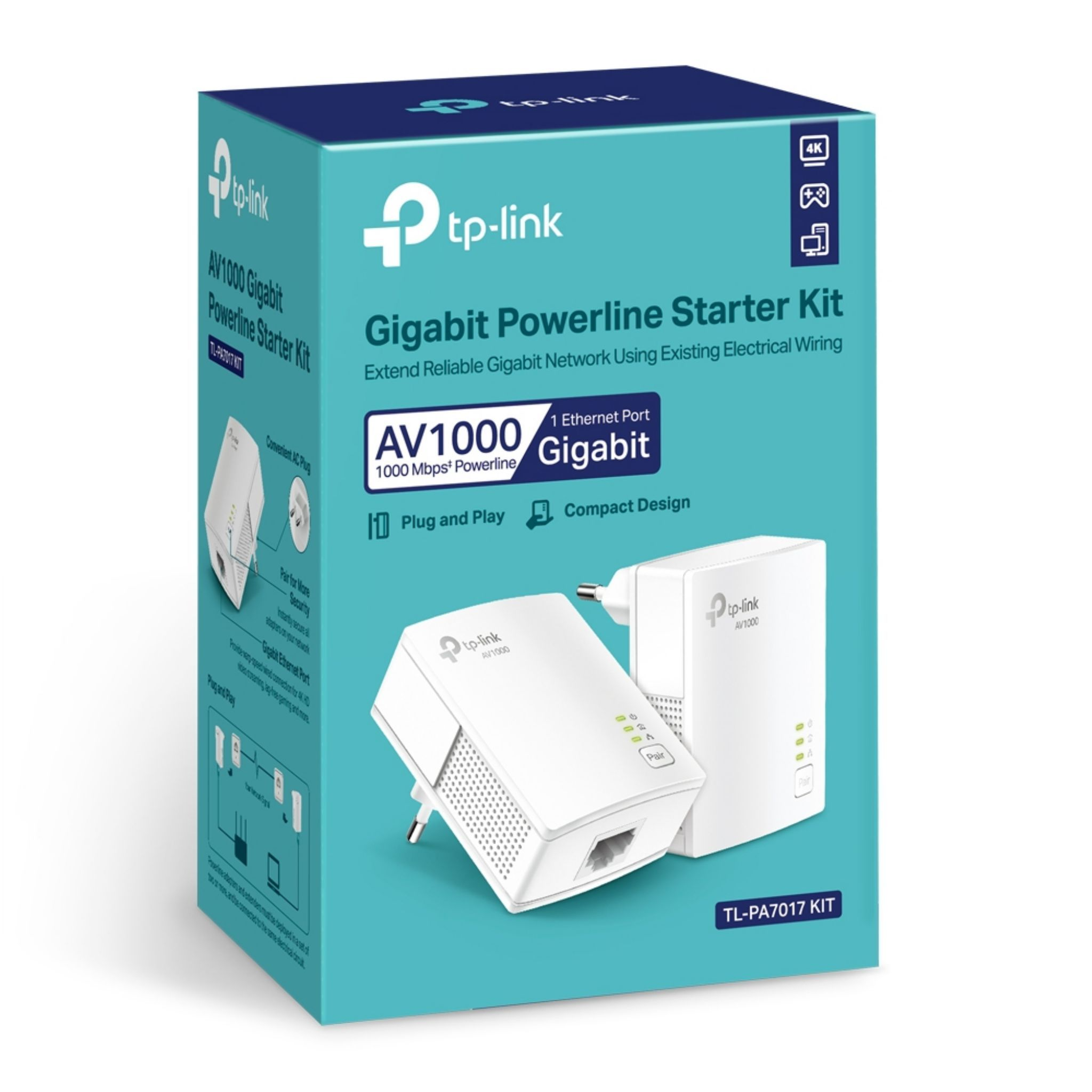 Pudełko TP-Link Gigabit Powerline Starter Kit. Widoczne białe adaptery, opakowanie i tekst.
