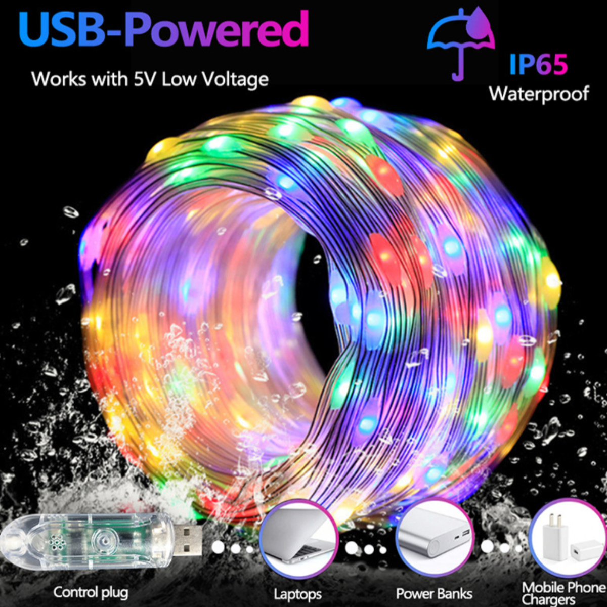 Eine USB-betriebene Lichterkette. Sie ist wasserdicht mit IP65-Schutzart. Enthält Stecker für Laptops, Powerbanks.