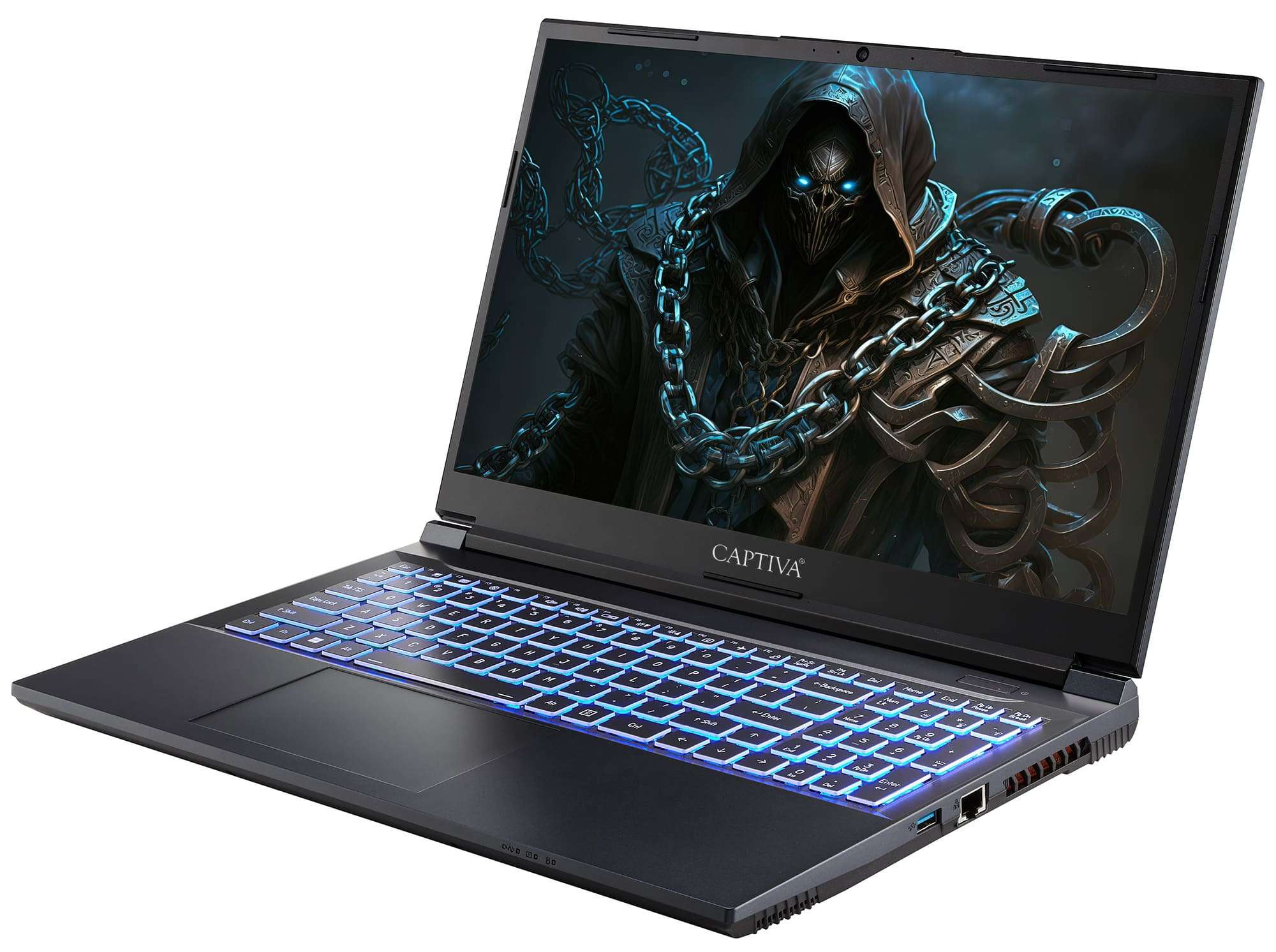 Schwarzer Laptop mit Captiva-Logo auf der Vorderseite. Der Bildschirm zeigt ein dunkles Bild mit einer Kapuzenfigur.