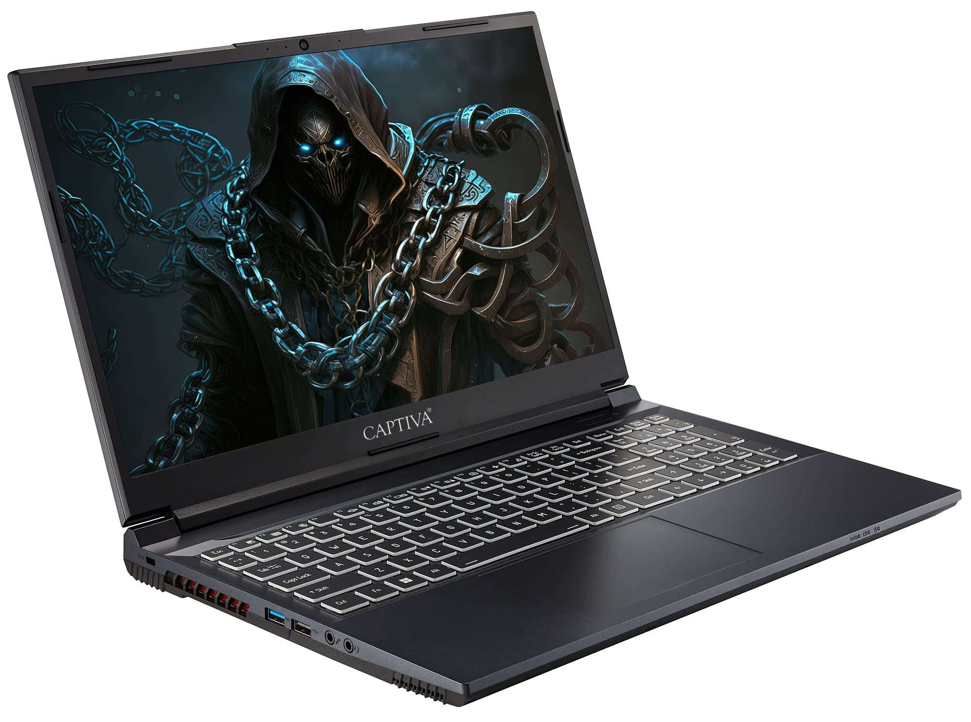 Schwarzer Laptop mit Fantasiebild auf dem Bildschirm. 'CAPTIVA' ist sichtbar. Der Laptop ist geöffnet.