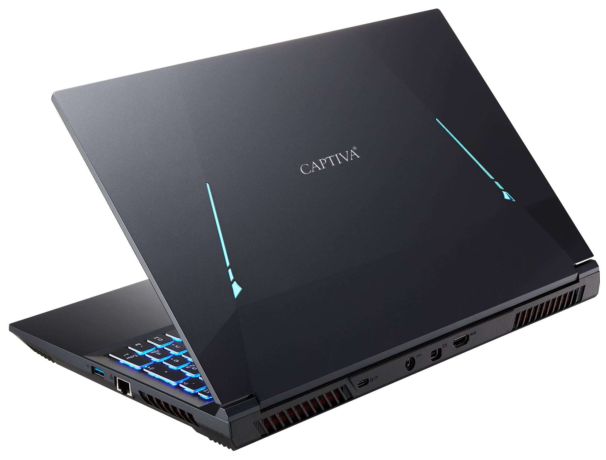 Schwarzer Laptop mit Captiva-Logo auf der Rückseite, beleuchteter Tastatur und sichtbaren Anschlüssen.