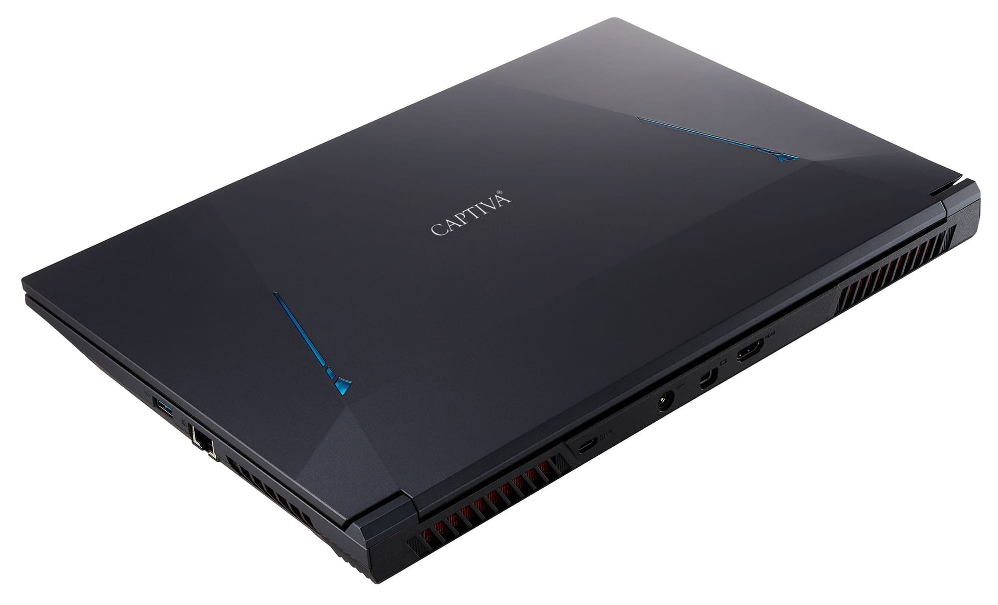 Geschlossener schwarzer Laptop mit dem Wort CAPTIVA und blauen Akzenten auf weißem Hintergrund.