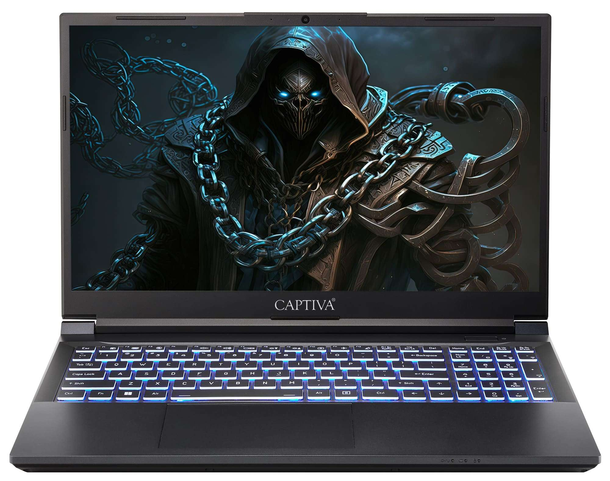 Schwarzer Laptop mit Fantasy-Bildschirm und dem Wort CAPTIVA.