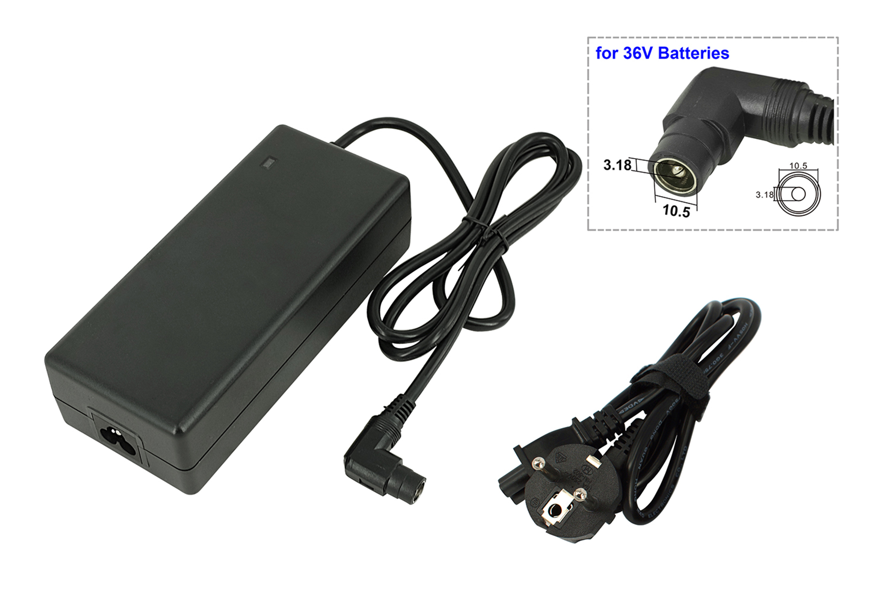 Schwarzes Ladegerät für 36V Batterien mit Kabeln und einem Diagramm. Hintergrund weiß.