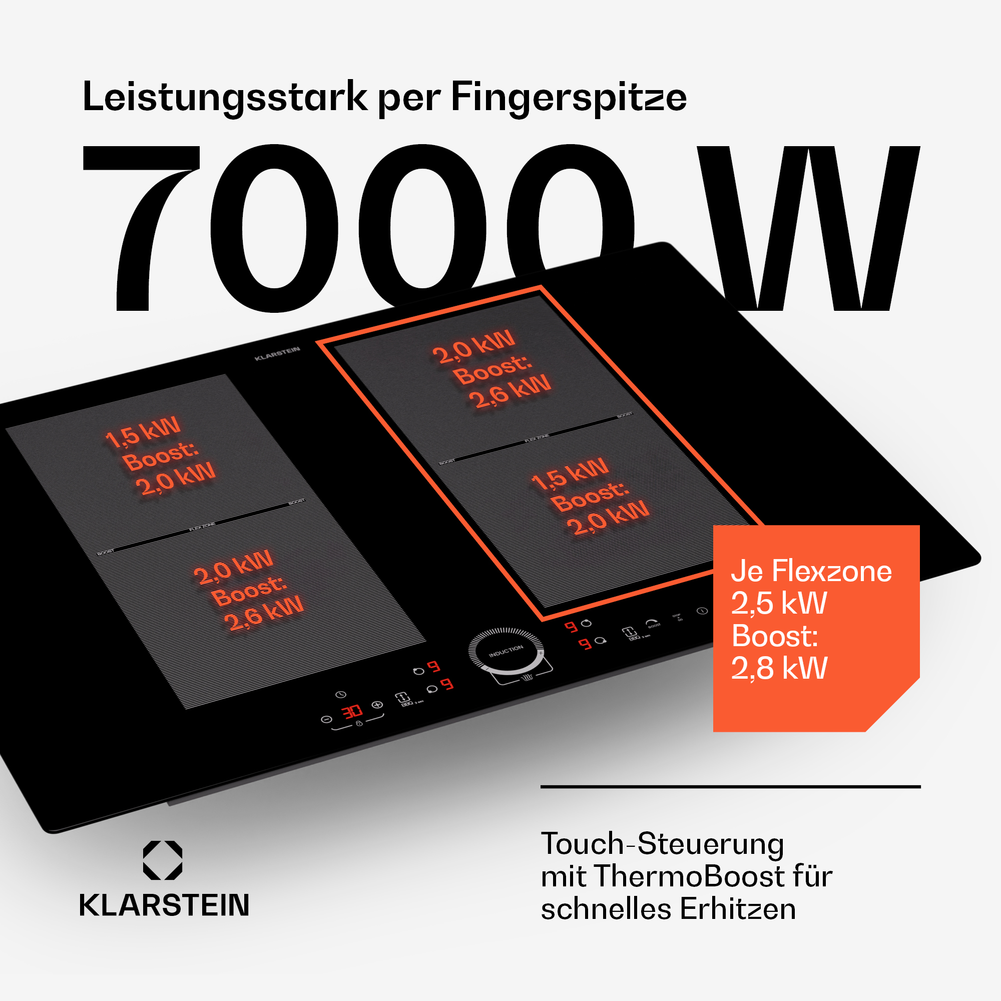 Schwarzes Induktionskochfeld mit Text über Leistung und Flexzonen. Oranger Text.