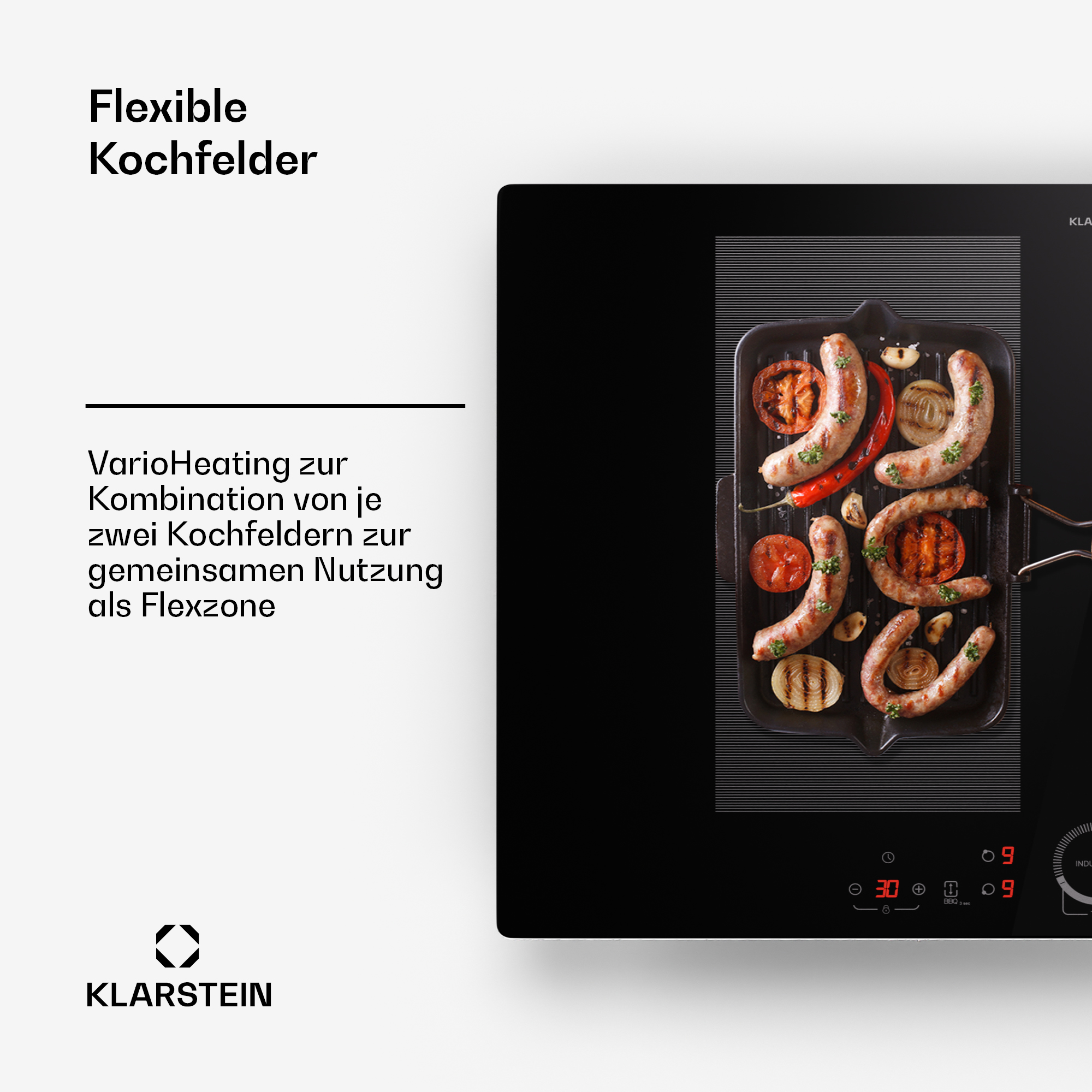 Ein schwarzes Induktionskochfeld mit Würstchen, Tomaten und Zwiebeln auf der Oberfläche.
