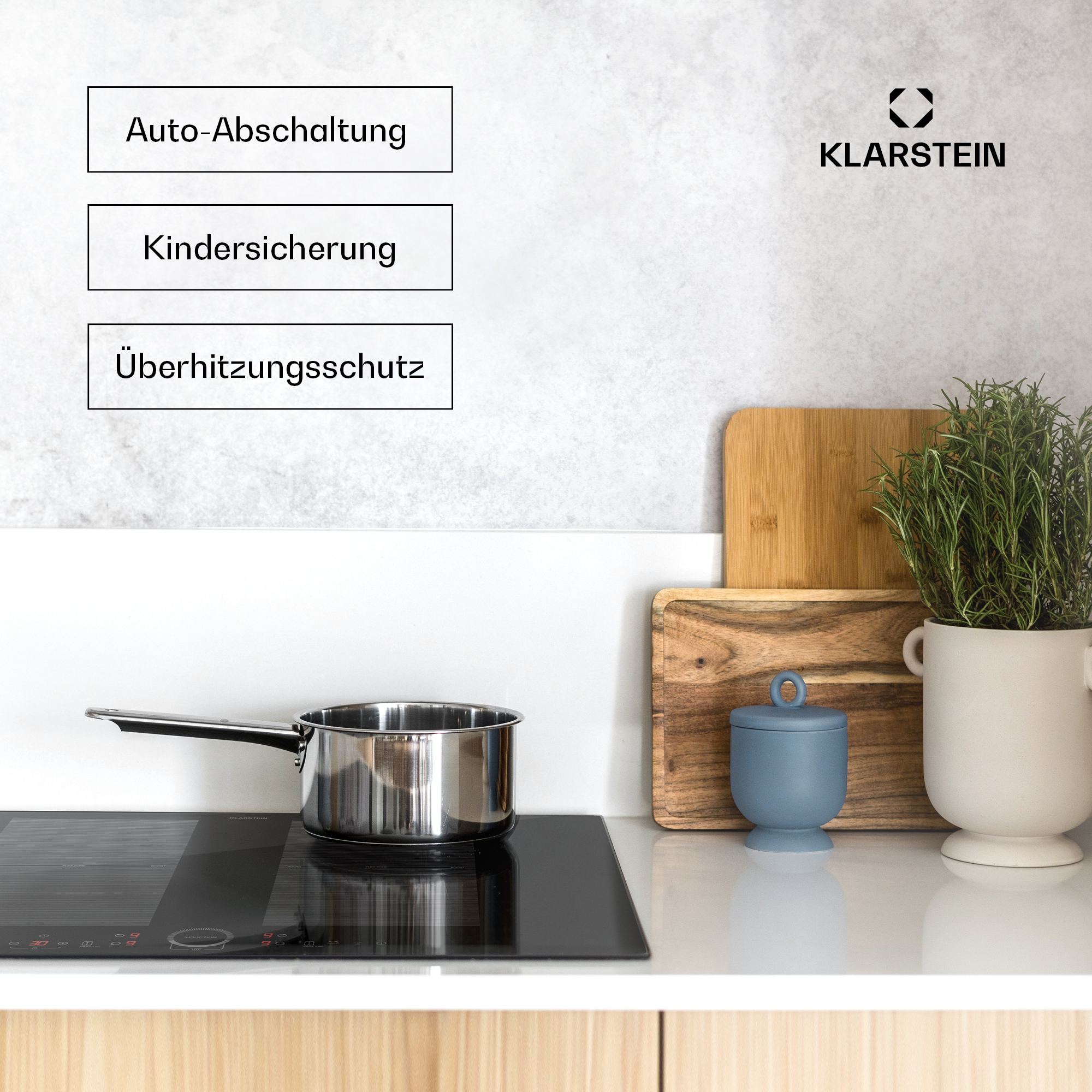 Küche mit Topf auf schwarzem Kochfeld. Text zeigt automatische Abschaltung, Kindersicherung, Überhitzungsschutz.
