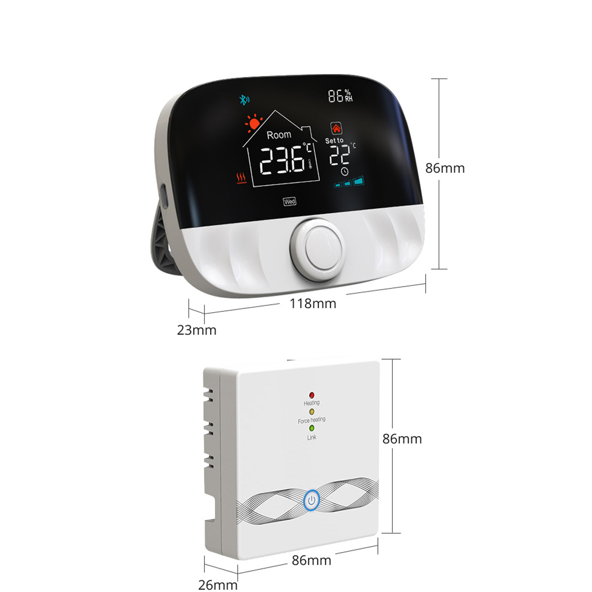 Ein intelligenter Thermostat mit Display und separatem Steuermodul, mit Abmessungen.