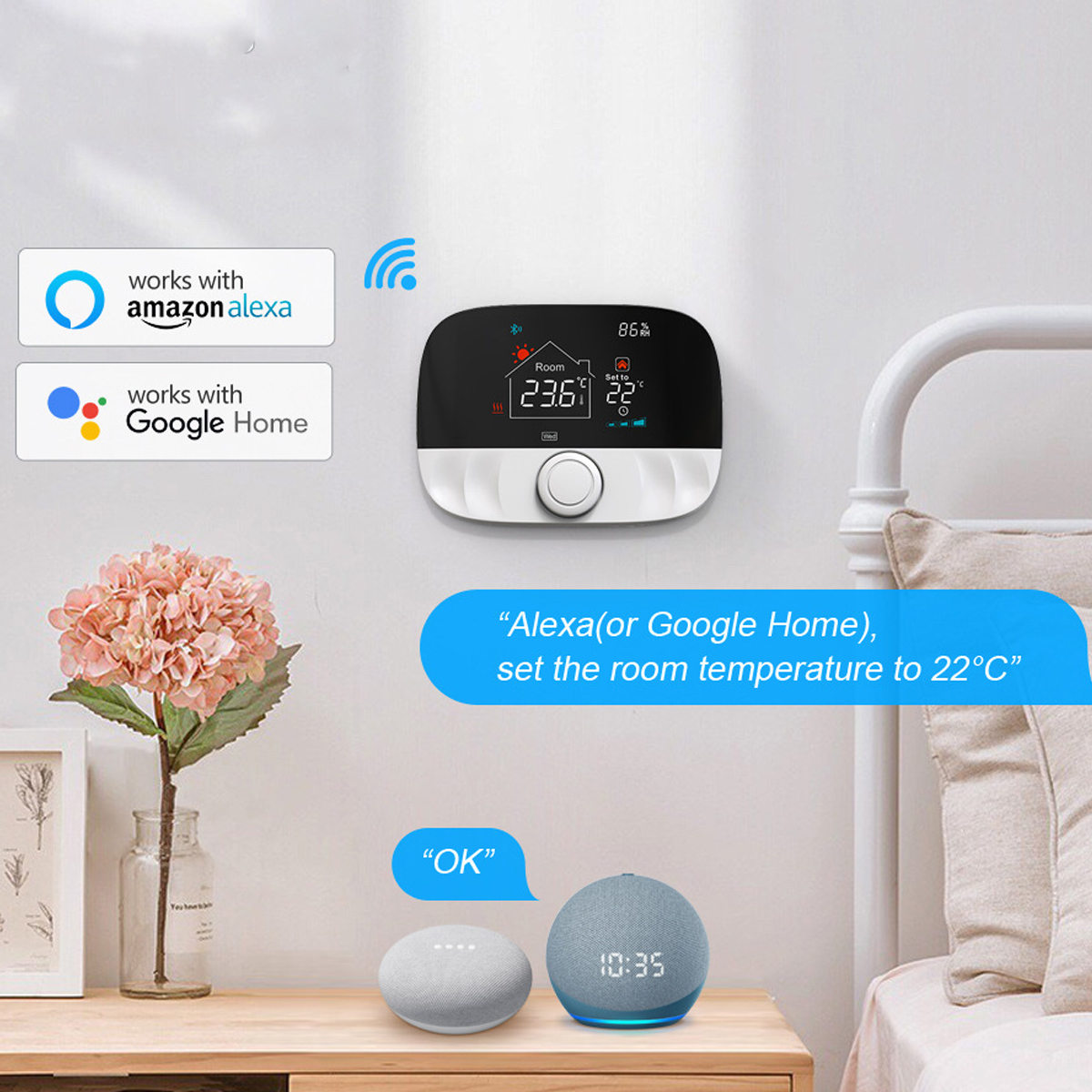 Smart-Thermostat mit digitaler Anzeige, zwei smarten Lautsprechern und Textaufforderungen zur Sprachsteuerung.