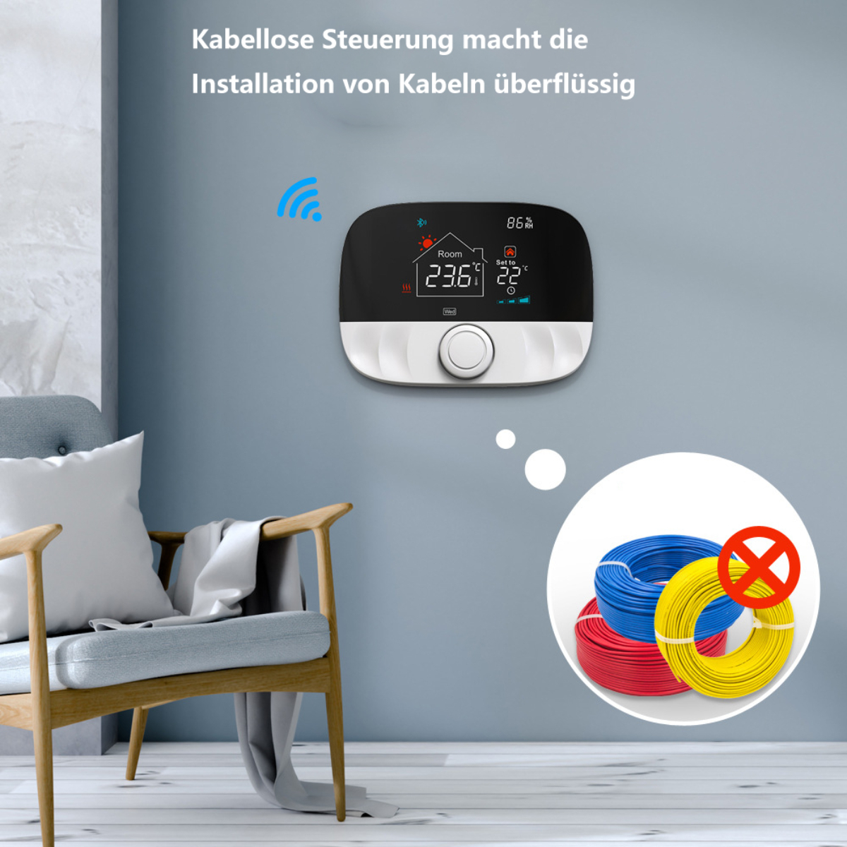 Ein intelligenter Thermostat an einer blauen Wand mit WLAN-Symbol, das die Temperatur anzeigt. Drähte sind im Hintergrund durchgestrichen.