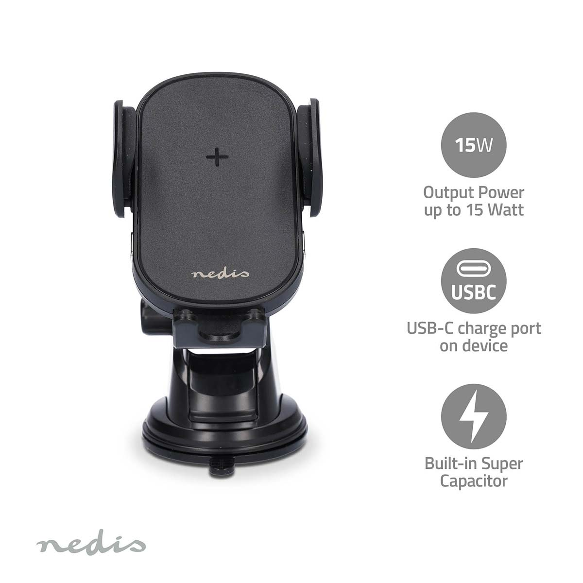 A black phone holder with info graphics, isolated on white background.