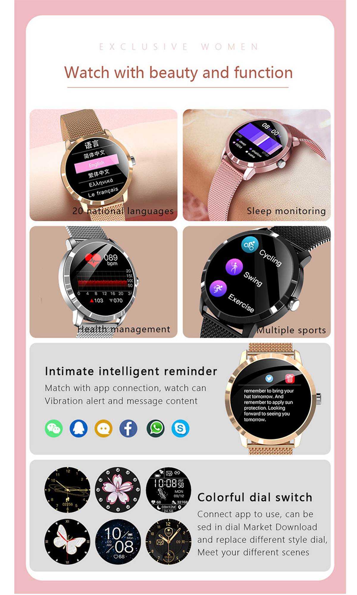 Rosa Smartwatch Herzfrequenzmessung Blutdrucküberwachung mit rostfreie & Smartwatch BRIGHTAKE Stähle,
