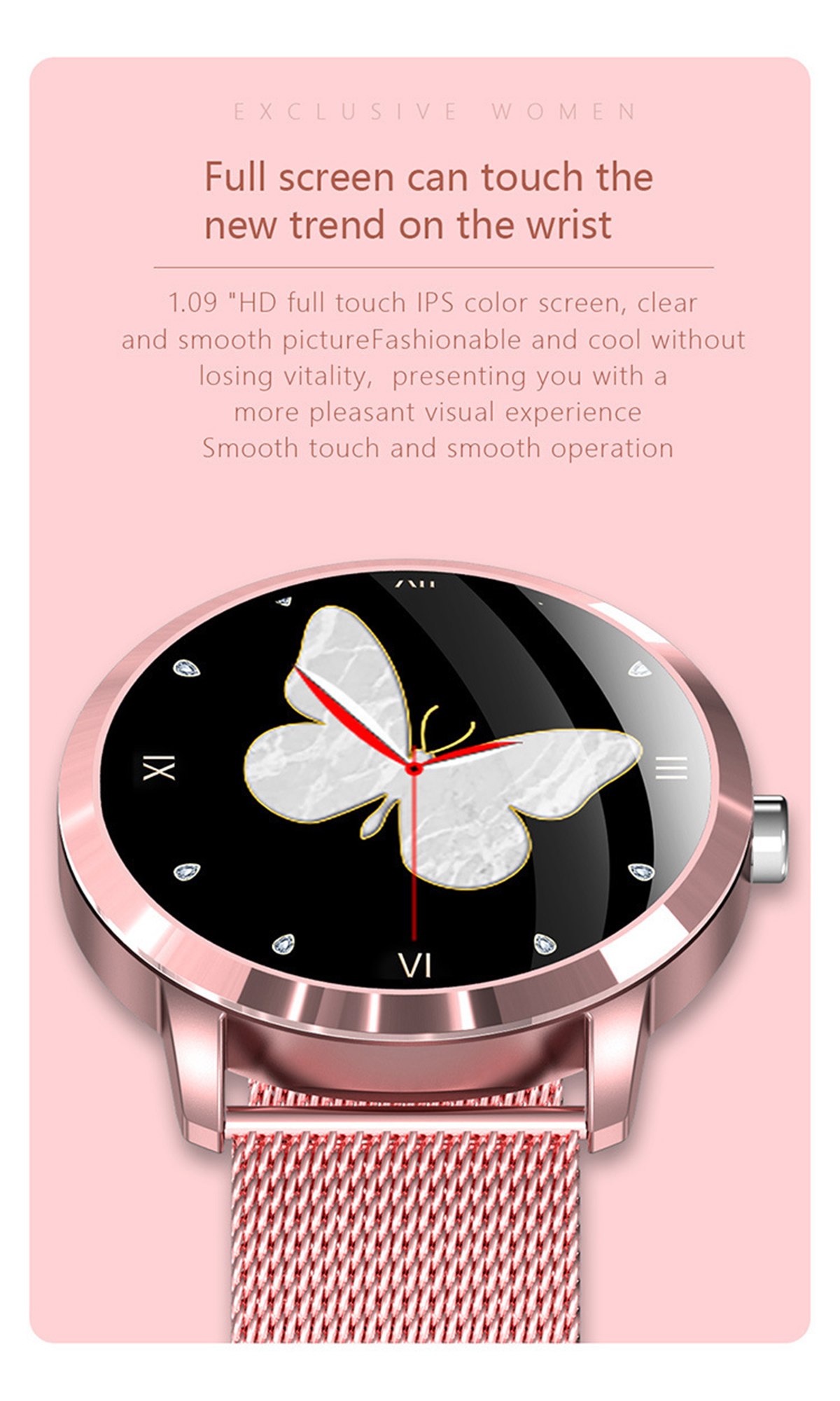 mit Smartwatch Stähle, Smartwatch Herzfrequenzmessung Rosa & rostfreie BRIGHTAKE Blutdrucküberwachung