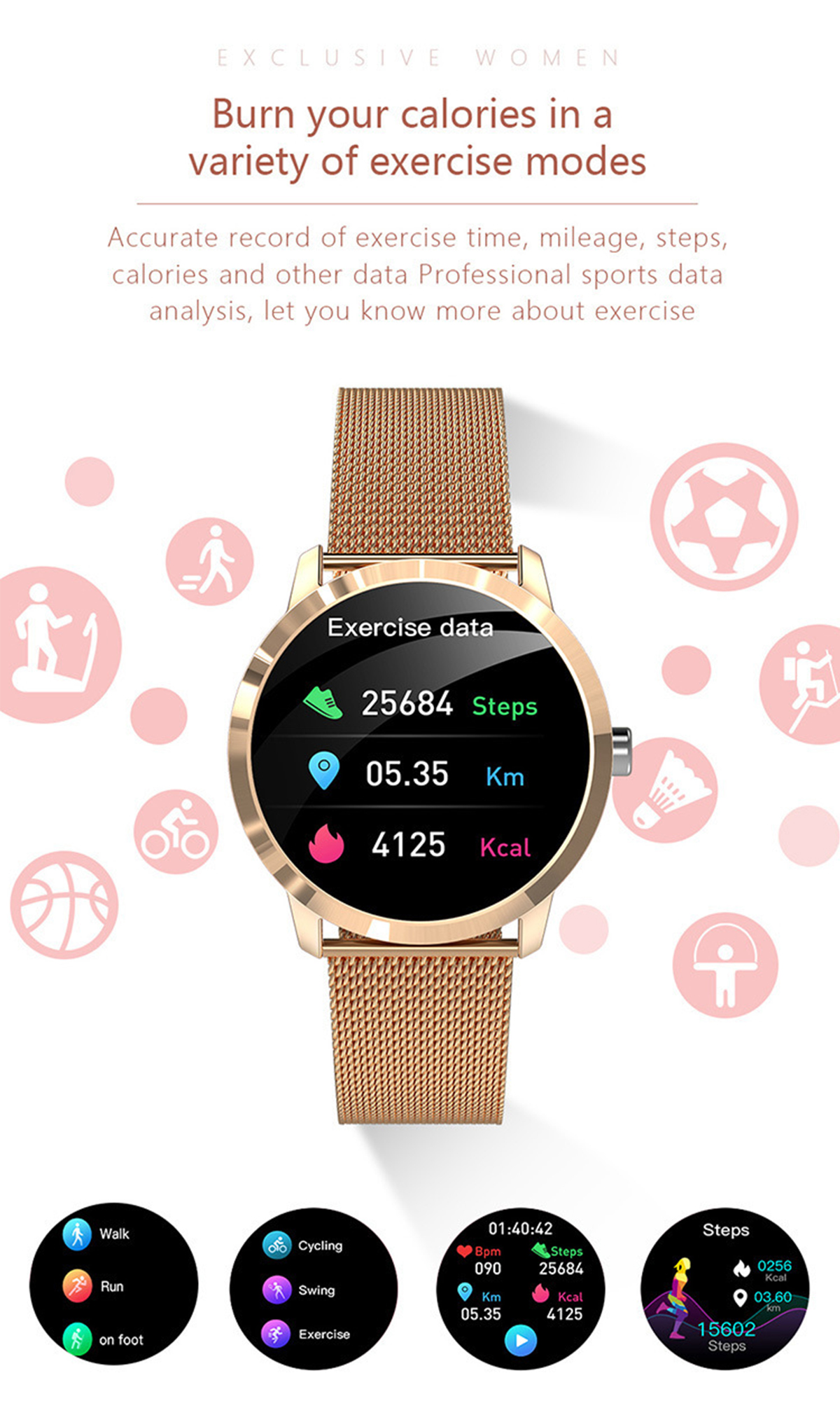 rostfreie mit Blutdrucküberwachung Rosa & Stähle, Herzfrequenzmessung Smartwatch Smartwatch BRIGHTAKE