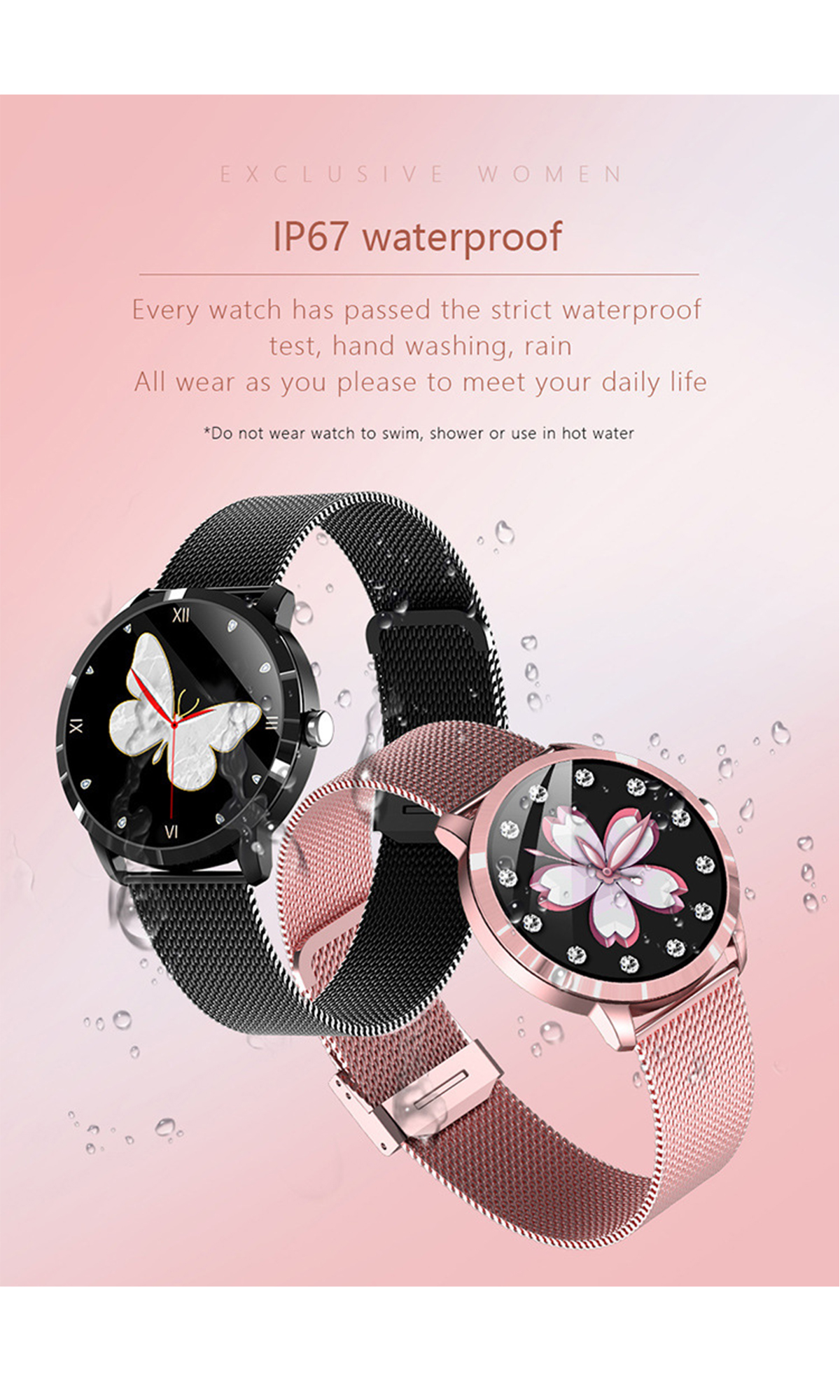 BRIGHTAKE Smartwatch mit Blutdrucküberwachung Herzfrequenzmessung Stähle, rostfreie Rosa Smartwatch 