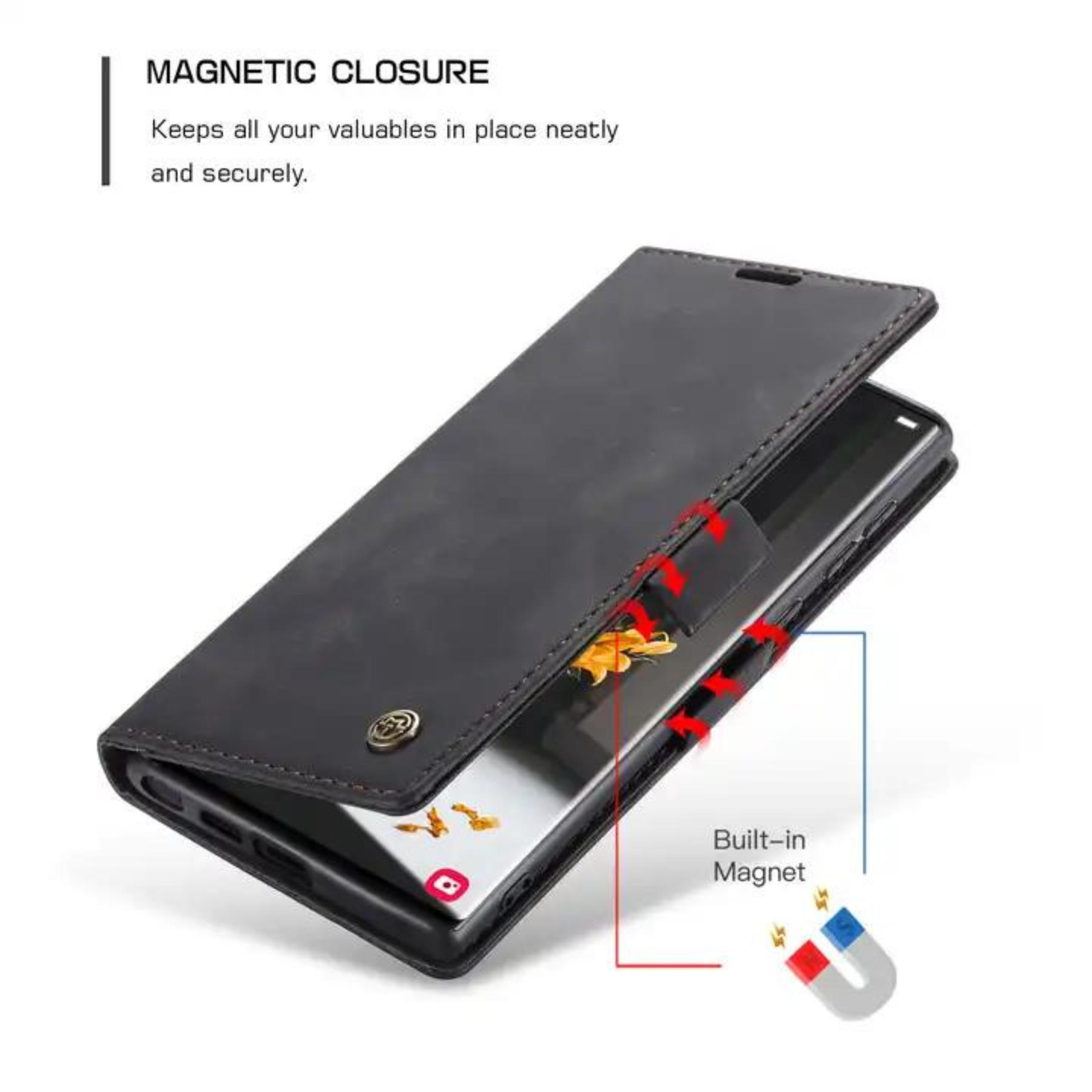 Eine schwarze Handyhülle mit Magnetverschluss und eingebautem Magneten, geöffnet, um ein Telefon zu zeigen.