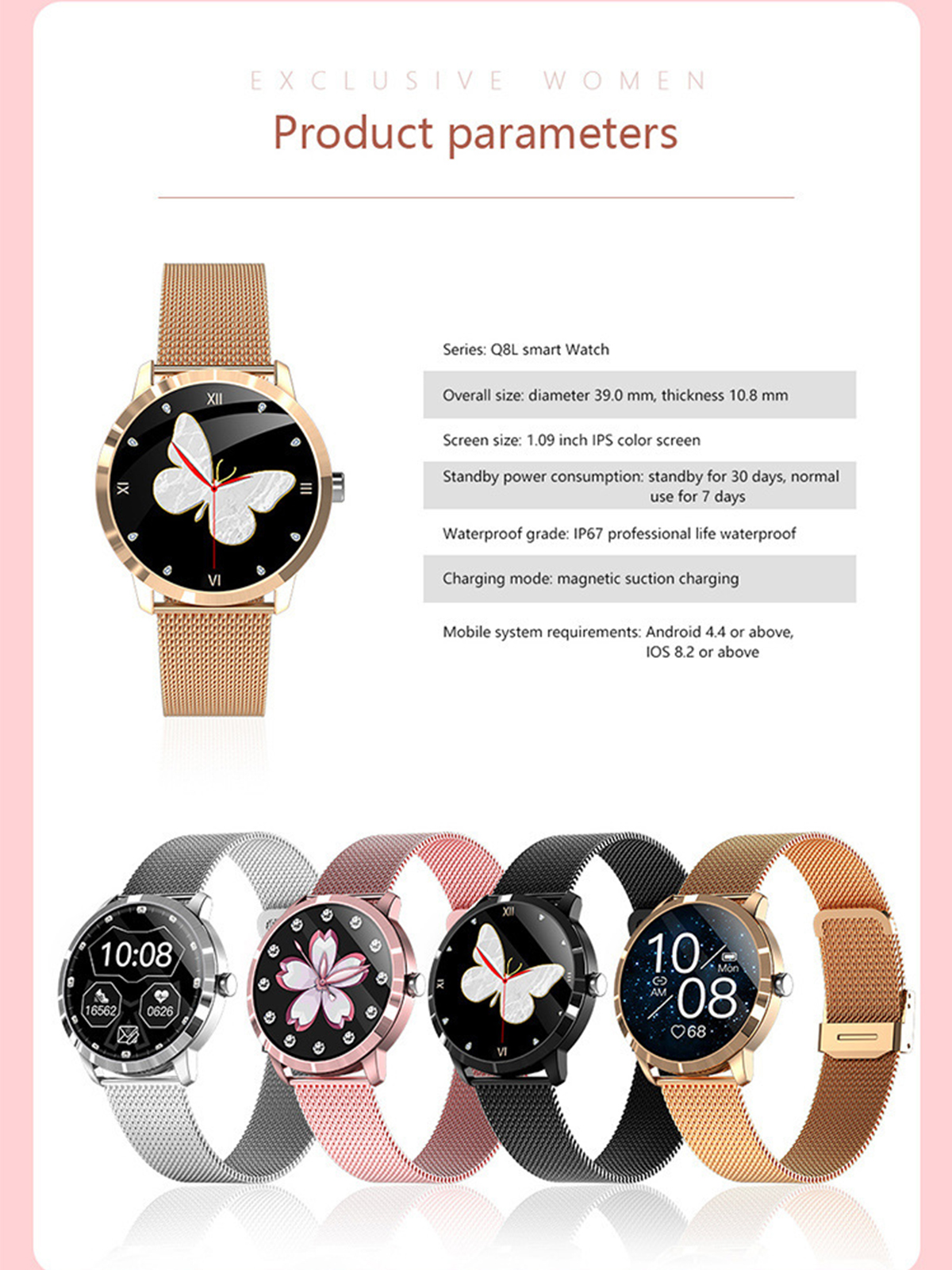 BRIGHTAKE Smartwatch mit Blutdrucküberwachung Herzfrequenzmessung Stähle, rostfreie Rosa Smartwatch 