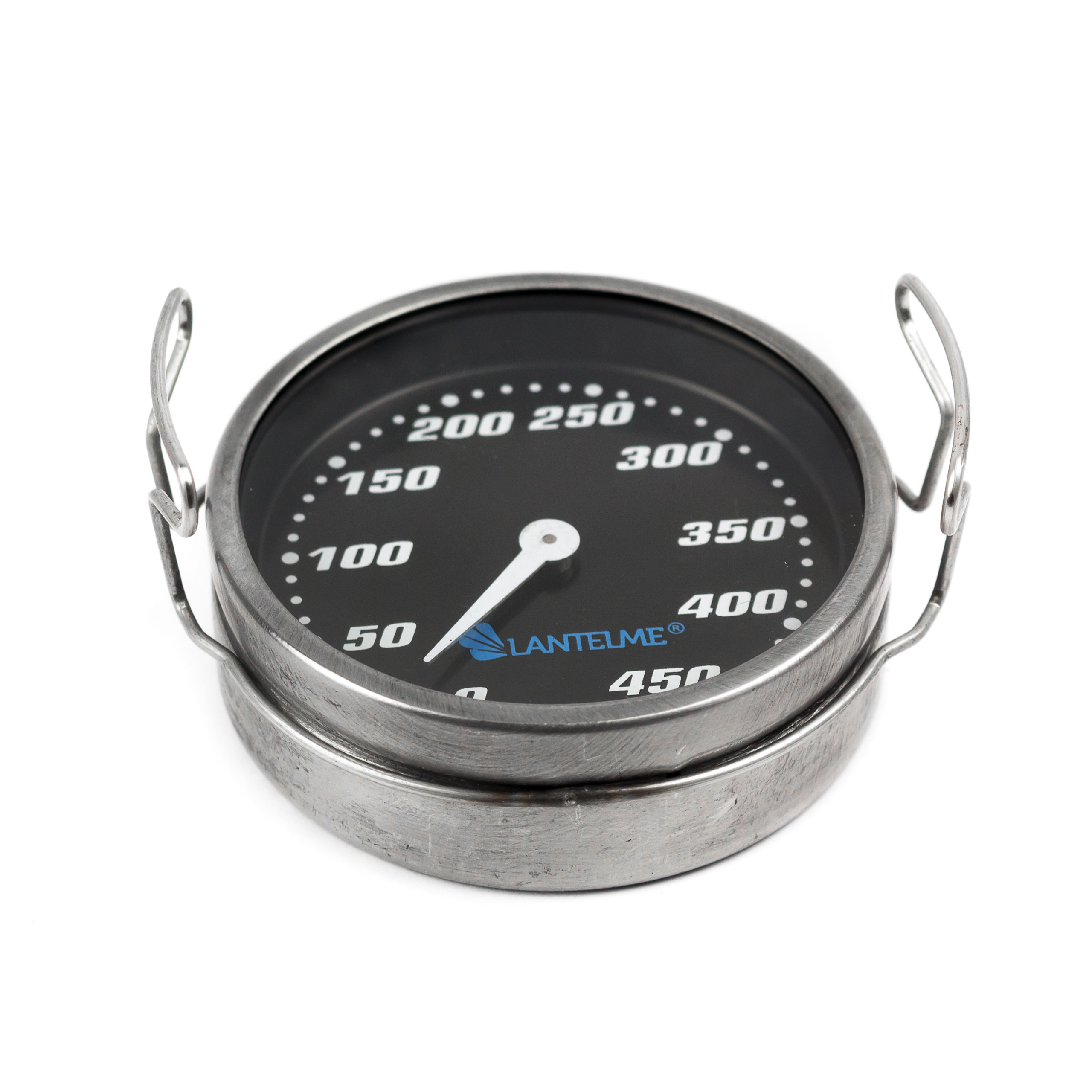 Runder, schwarzer Metallthermometer mit weißer Nadel und Temperaturmarkierungen.