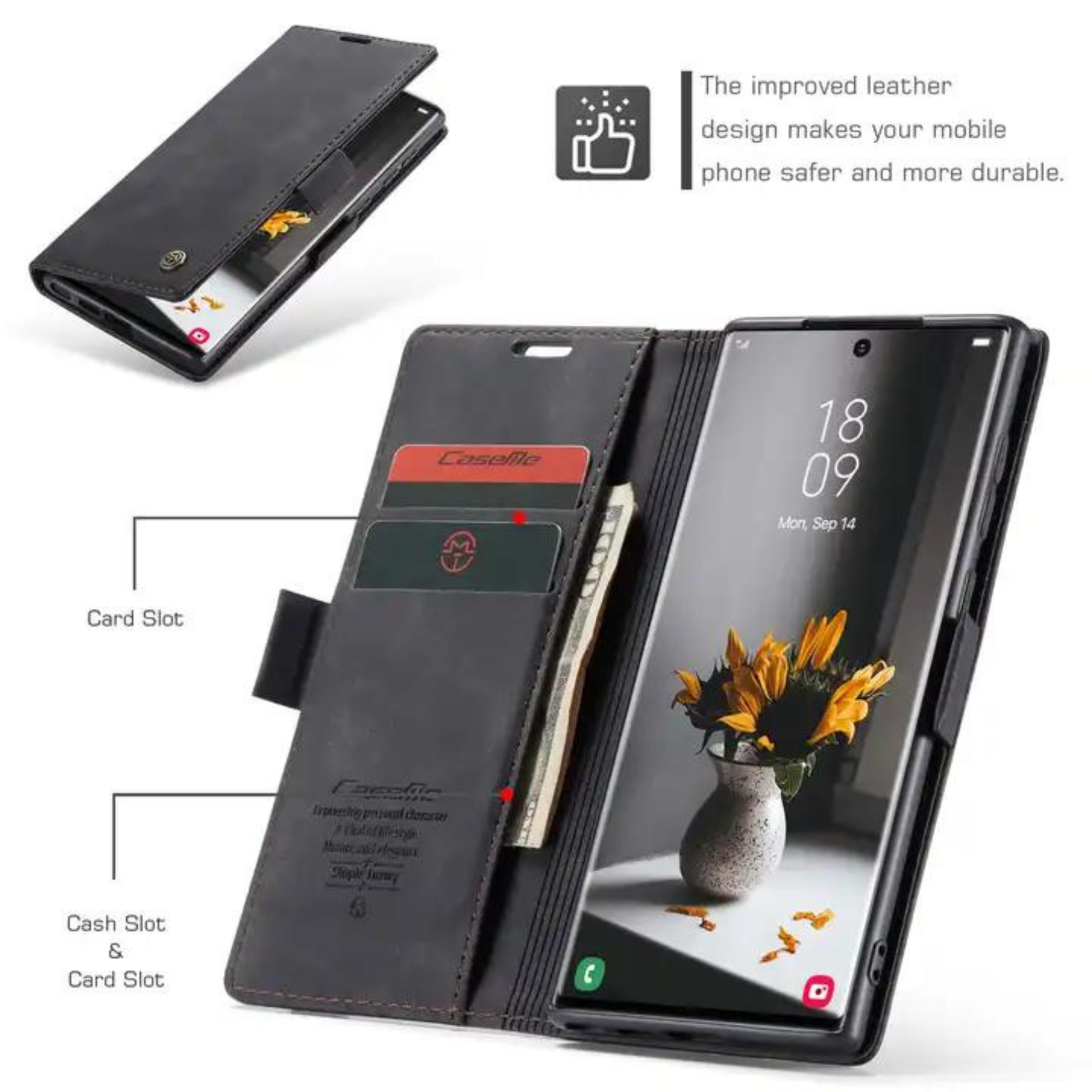 Eine schwarze Leder-Handyhülle mit Telefon. Es hat Kartenfächer und ein Geldfach. Das Telefon zeigt Blumen.