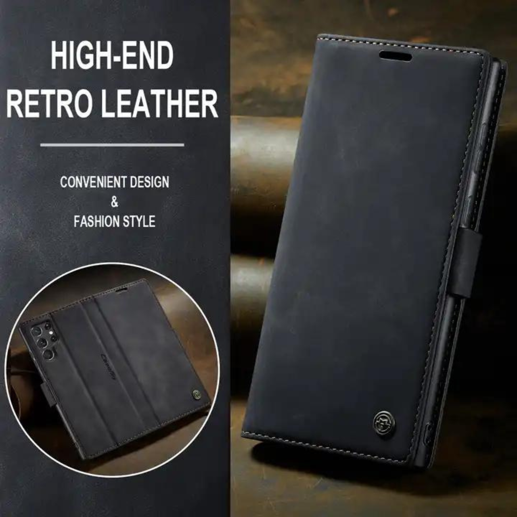 Schwarze Leder-Handyhülle im Retro-Stil und mit praktischem Design. Auf der linken Seite ist eine kleinere Hülle abgebildet.