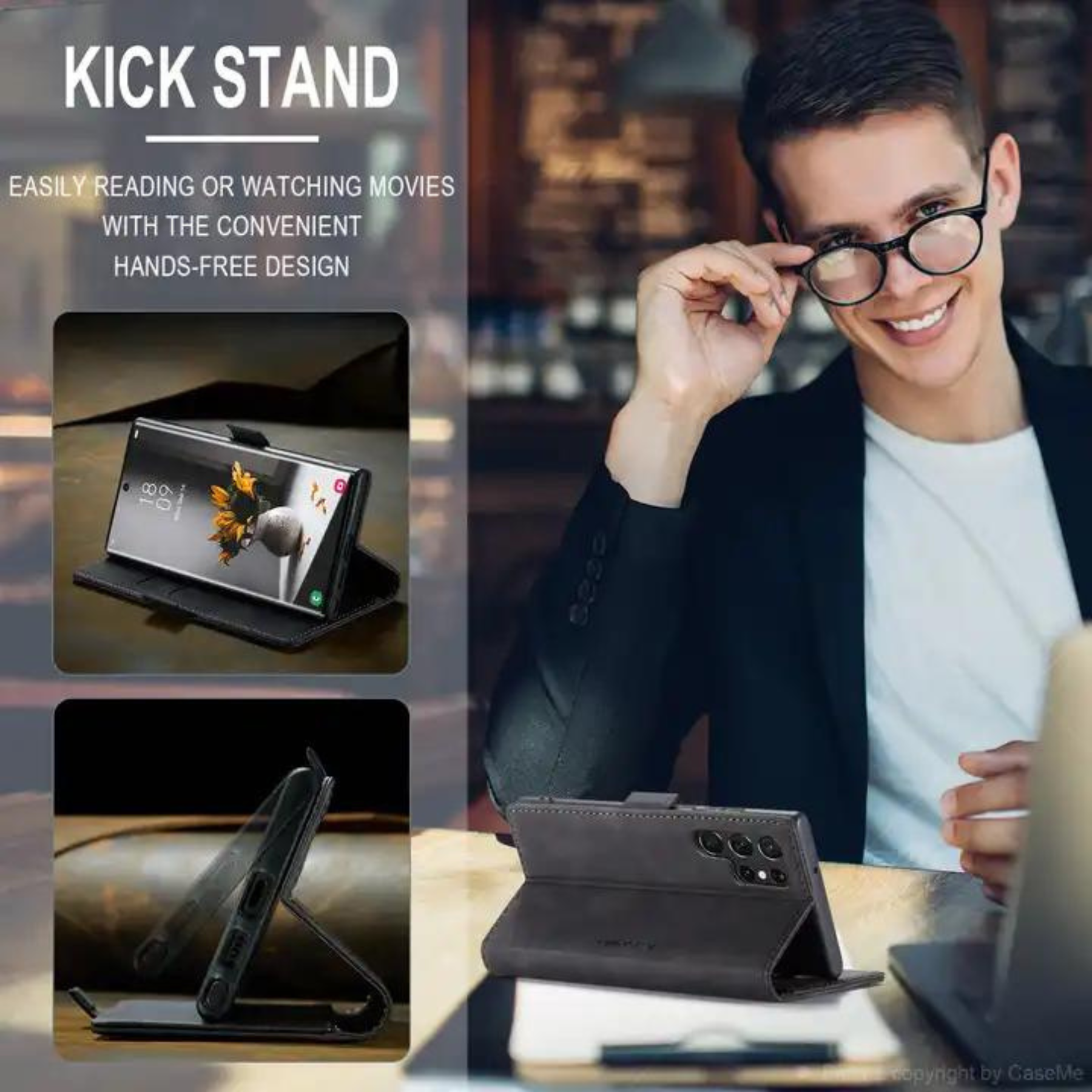Ein Mann mit Brille betrachtet ein Telefon in einer Kickstand-Hülle. Das Telefon liegt auf einem Tisch.
