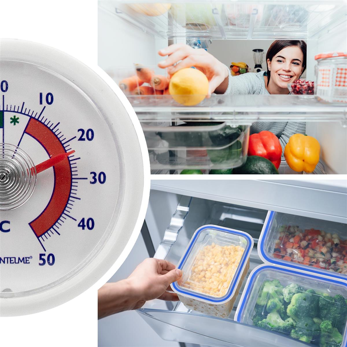 Ein Kühlschrankthermometer, eine Frau greift nach einer Zitrone, und Lebensmittelbehälter im Kühlschrank.
