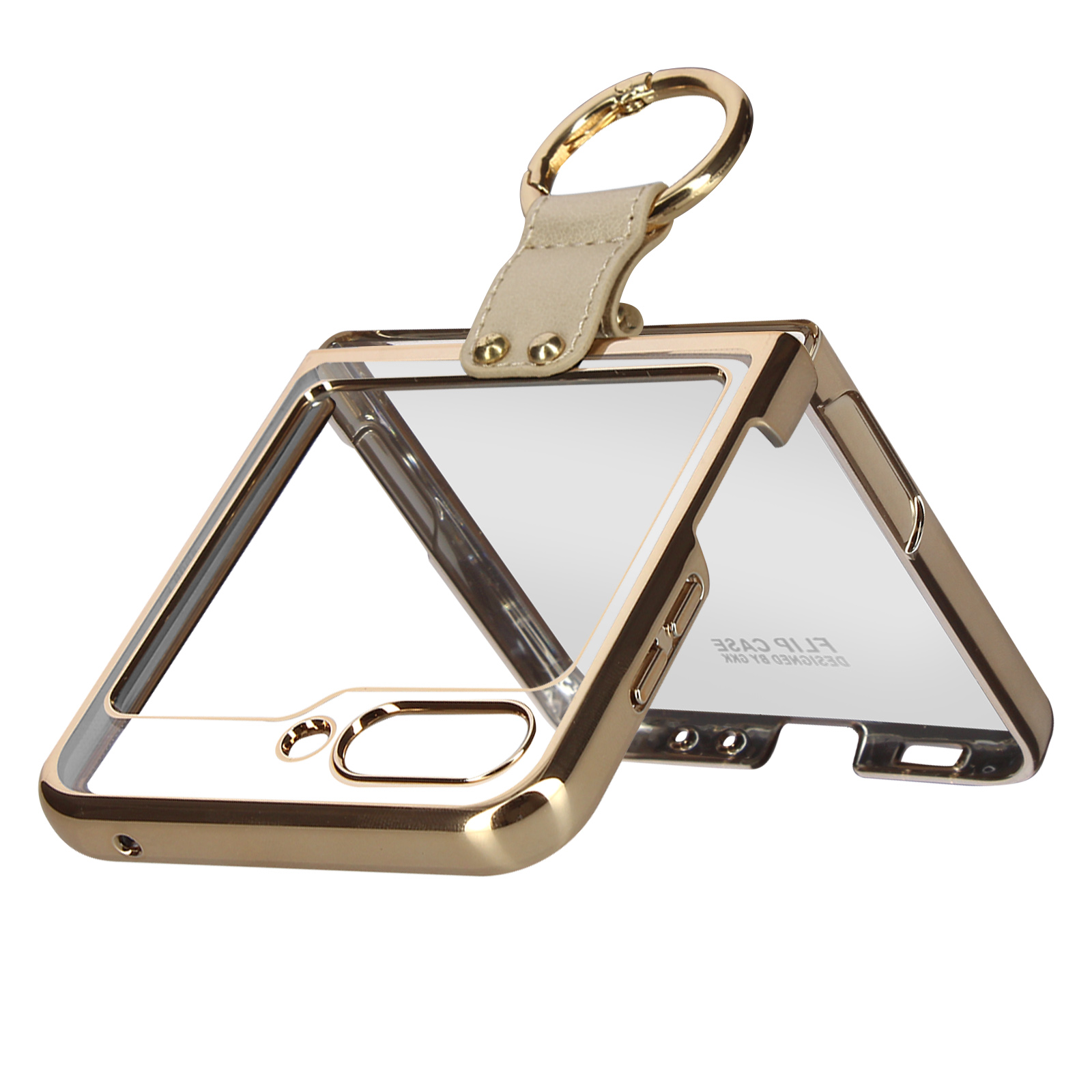 Custodia a libro dorata aperta per telefono con copertura trasparente, appesa a un cinturino in pelle.