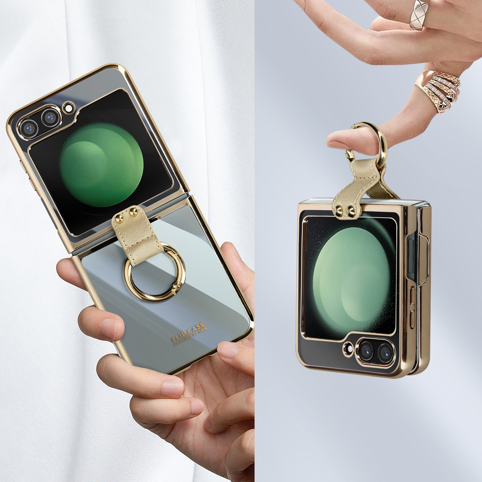 Custodia per telefono oro e nera, aperta e chiusa, tenuta in mano, su sfondo bianco.