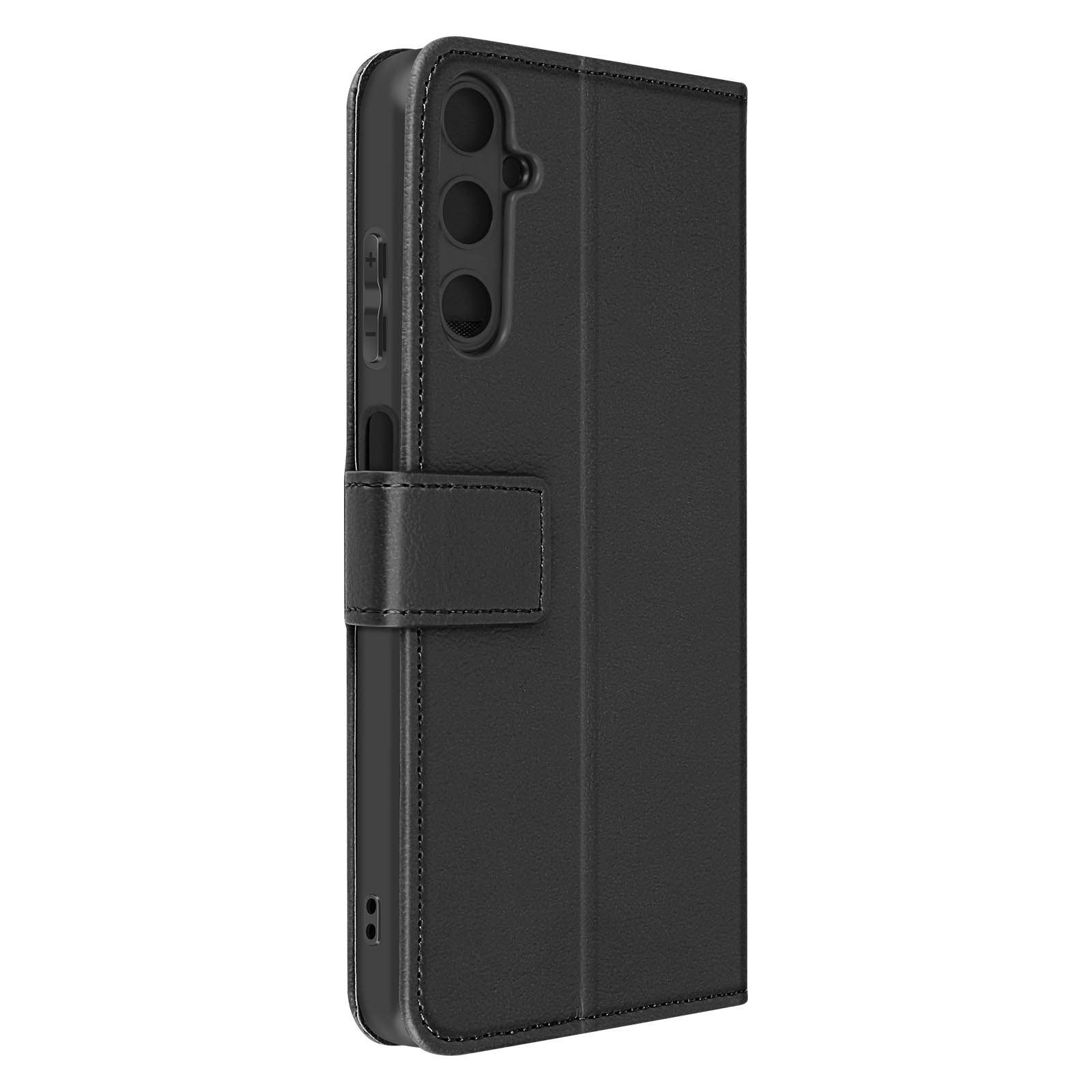 Una custodia a portafoglio nera con chiusura magnetica. La custodia è chiusa. Il telefono è inserito all'interno.