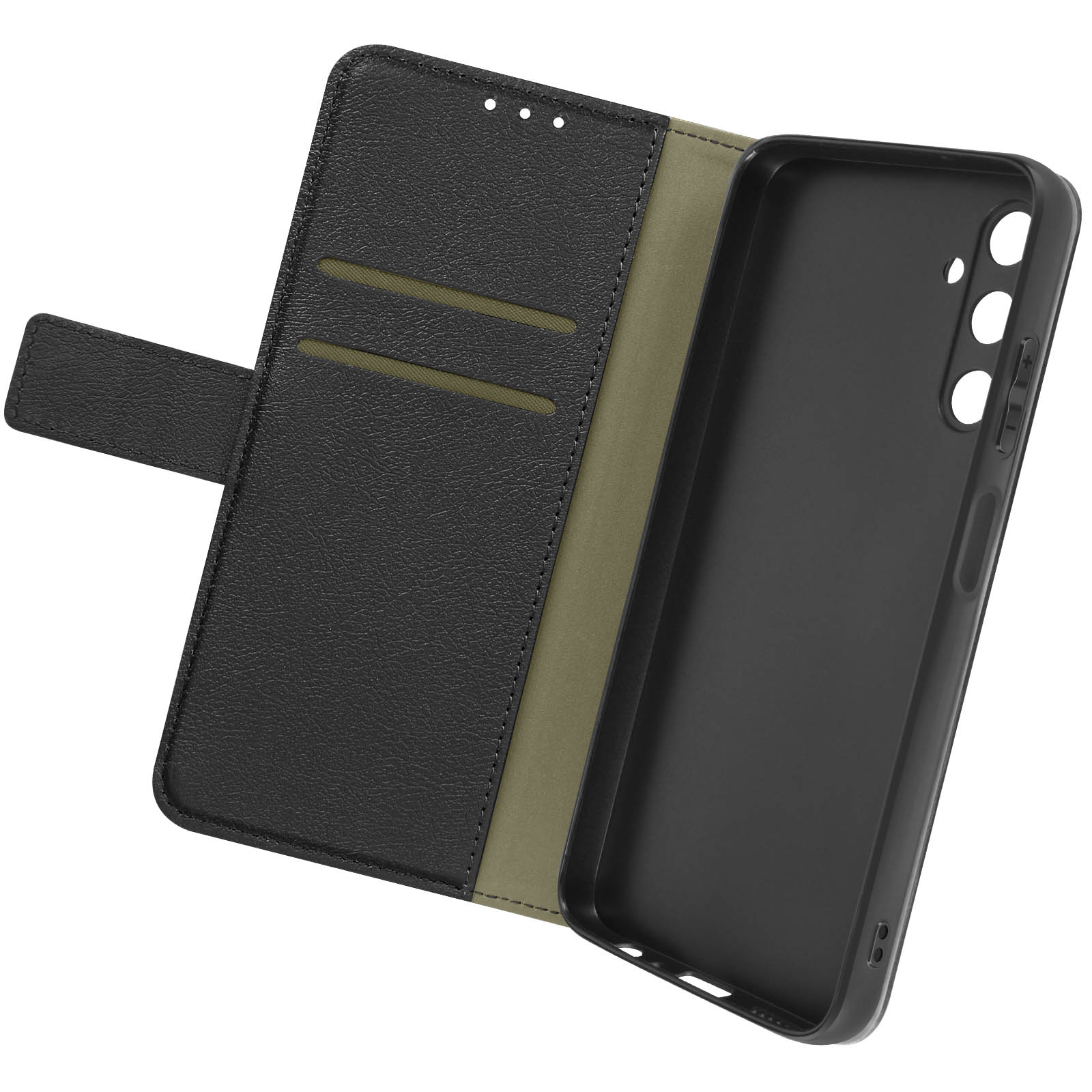 Custodia nera per telefono con design a portafoglio, aperta per rivelare una custodia e fessure per carte.