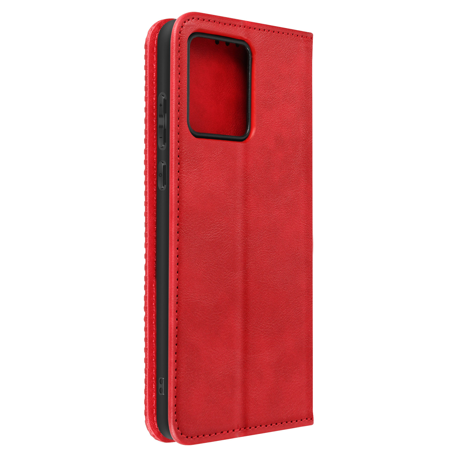 Custodia rossa per telefono con cornice nera. La custodia è chiusa e mostra l'area della fotocamera del telefono.