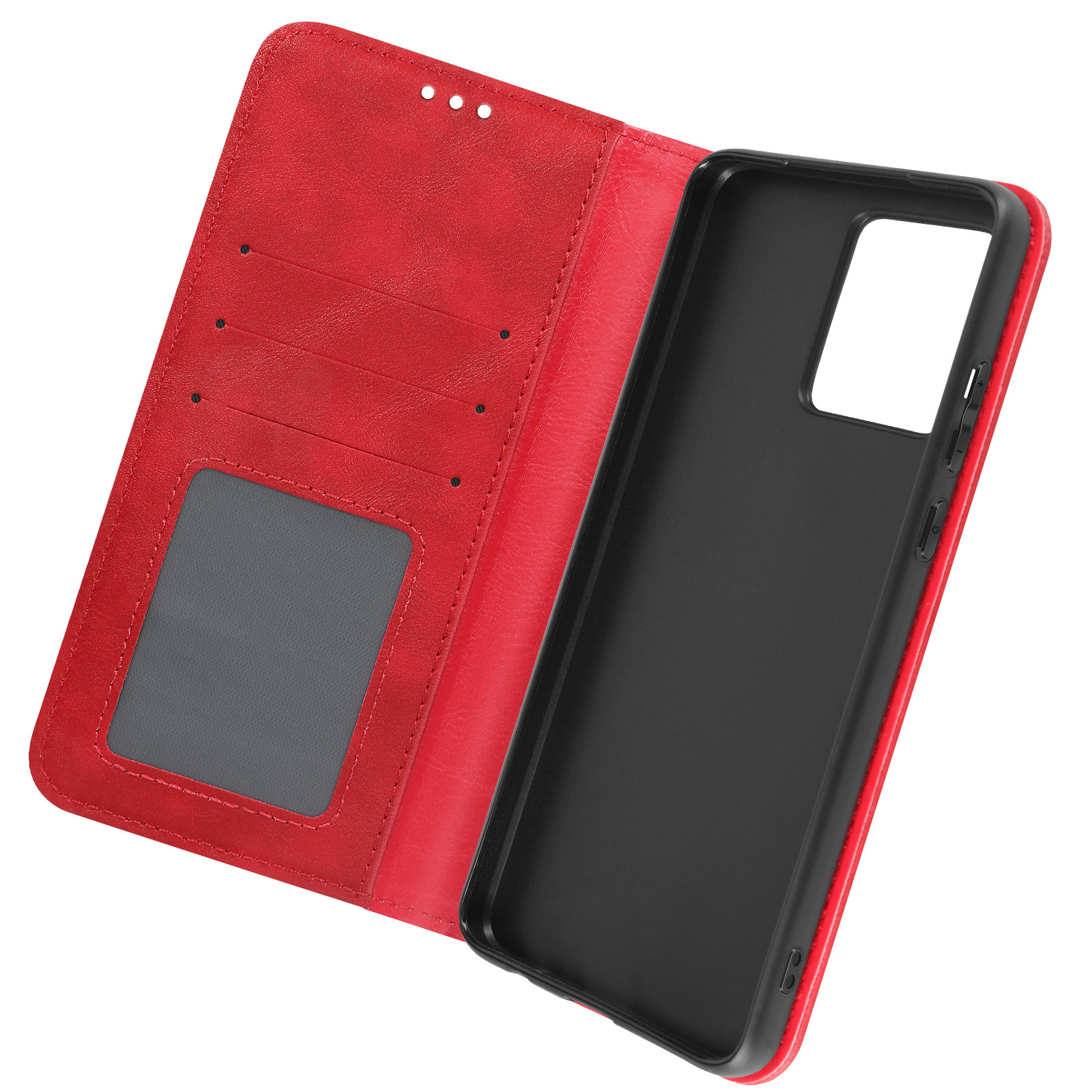 Custodia per telefono rossa aperta con fessure per carte e un supporto per telefono nero.