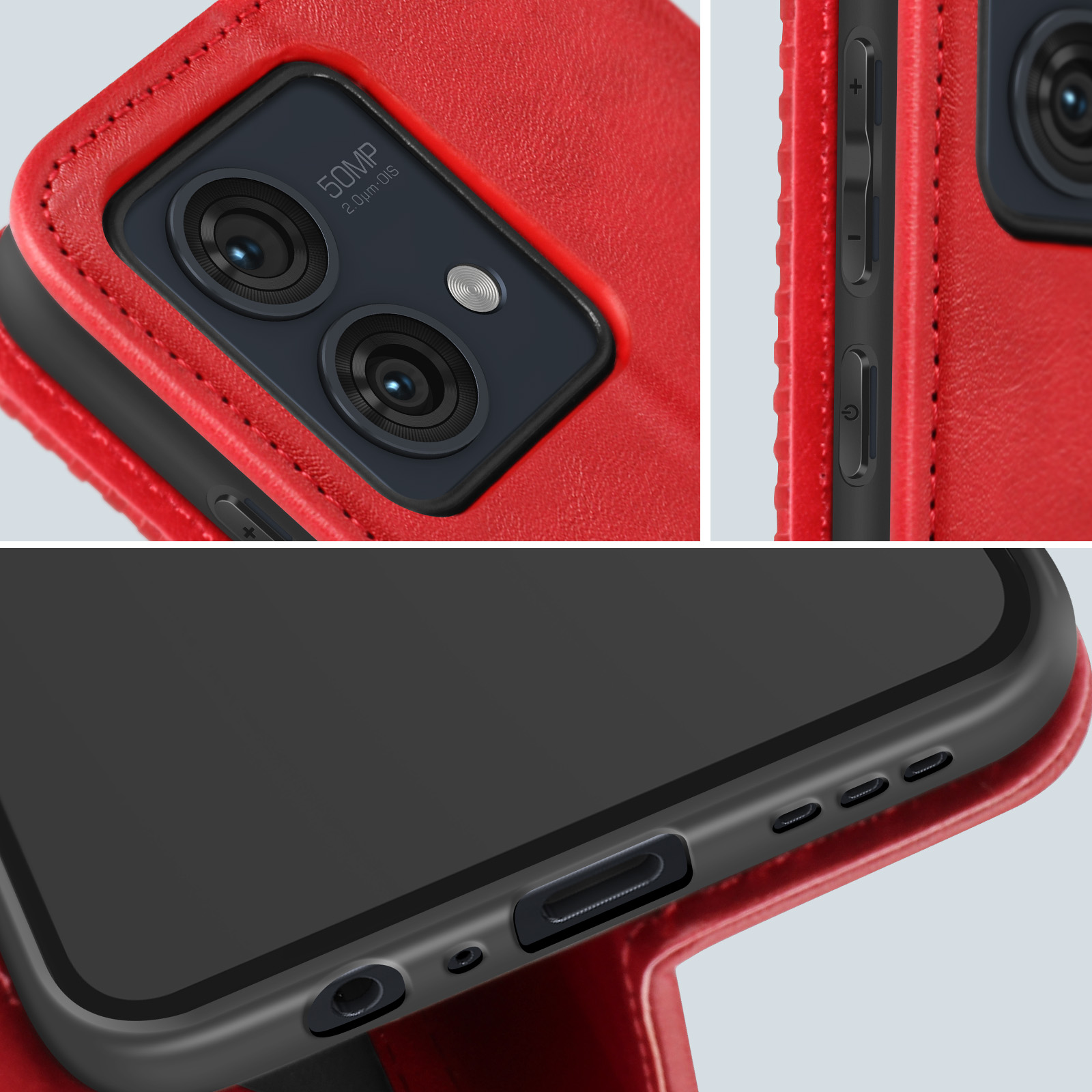 Primo piano di una custodia rossa per telefono con dettagli di fotocamera e pulsanti. Schermo nero visibile.
