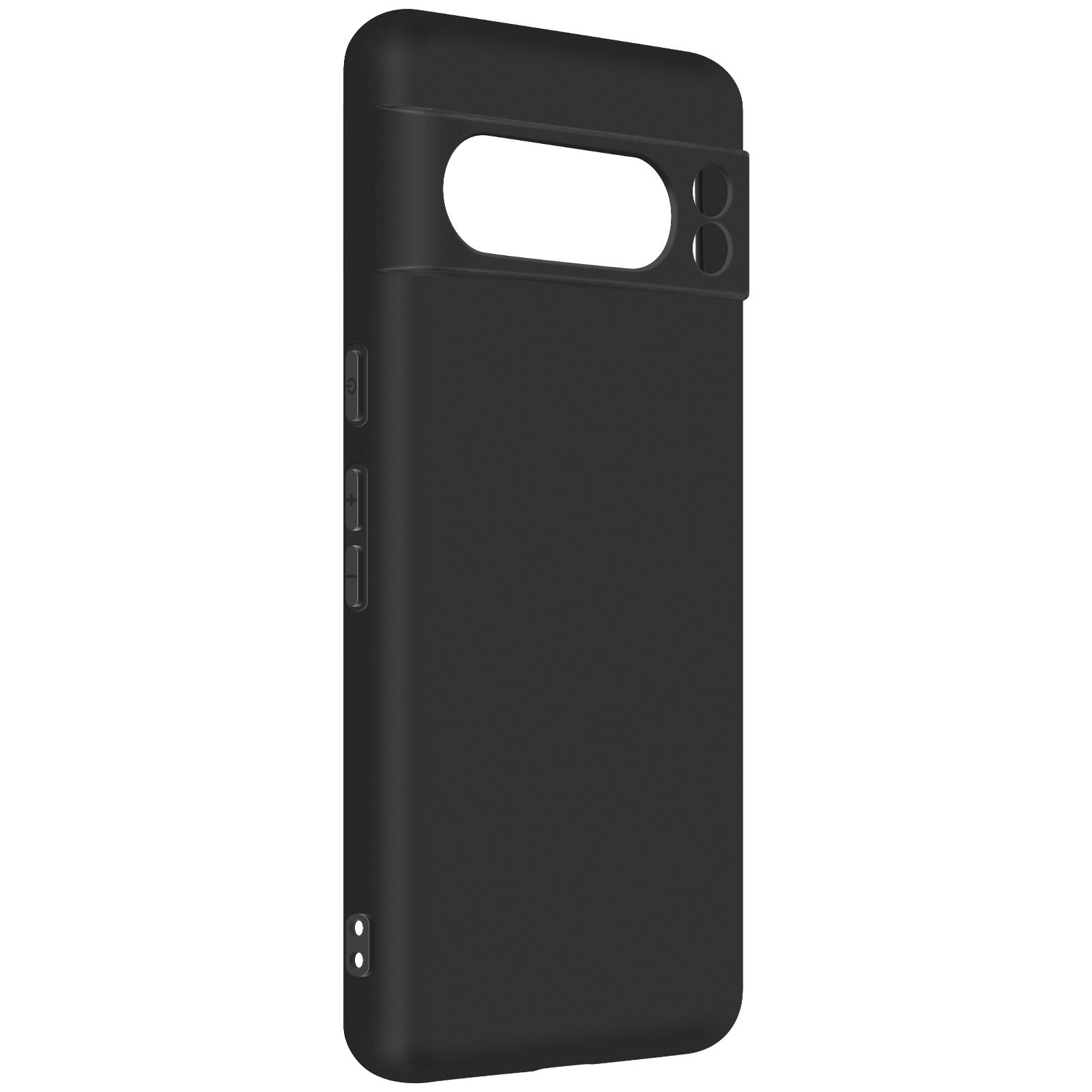 Una custodia per telefono nera, con fori per fotocamera e pulsanti. Ha una superficie liscia.