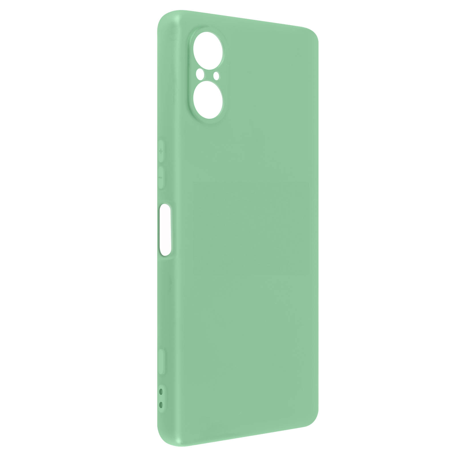 Una custodia per telefono verde menta con un design pulito, che evidenzia i ritagli della fotocamera e i pulsanti laterali.