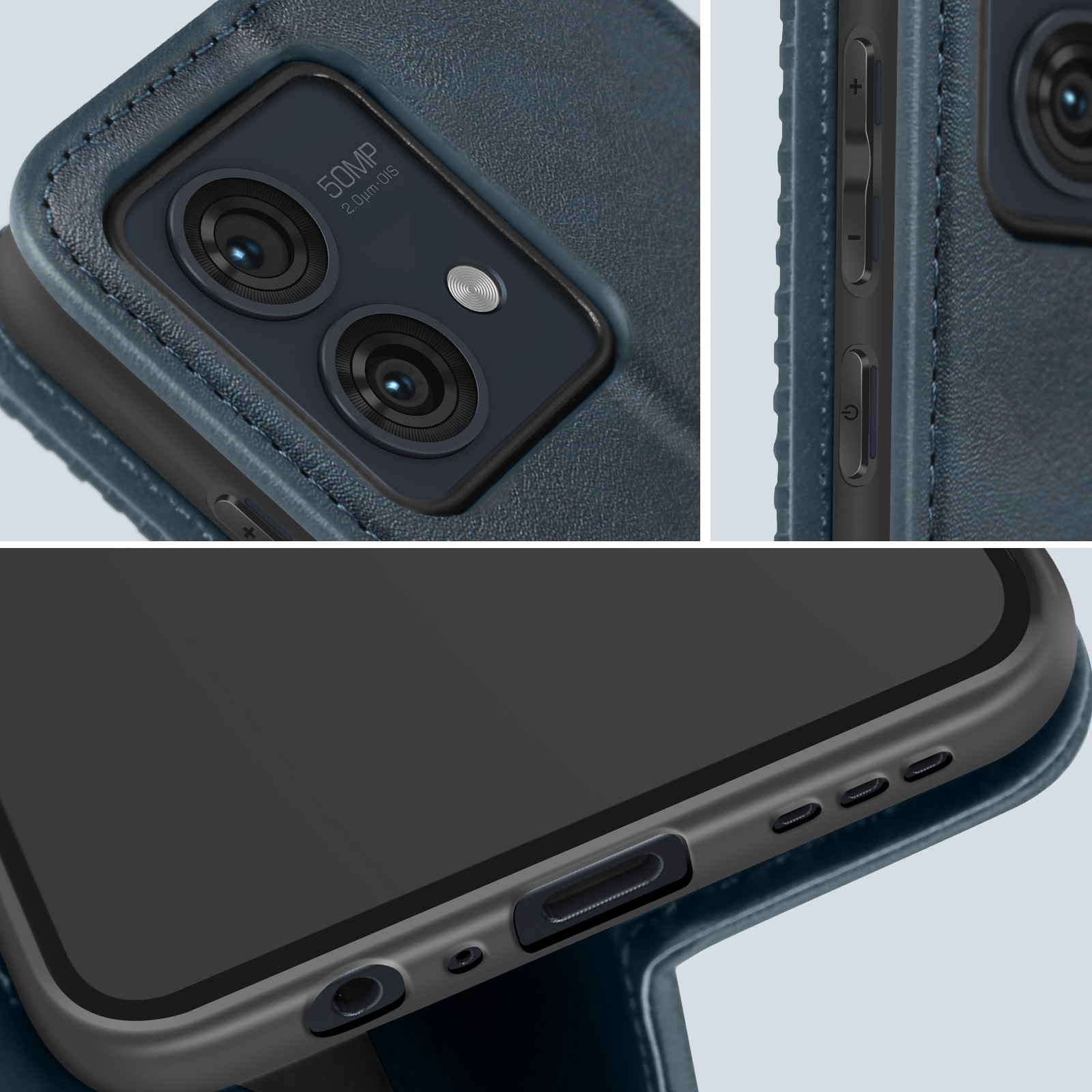 Primo piano di una custodia blu per telefono con lenti della fotocamera e pulsanti su superficie grigia.