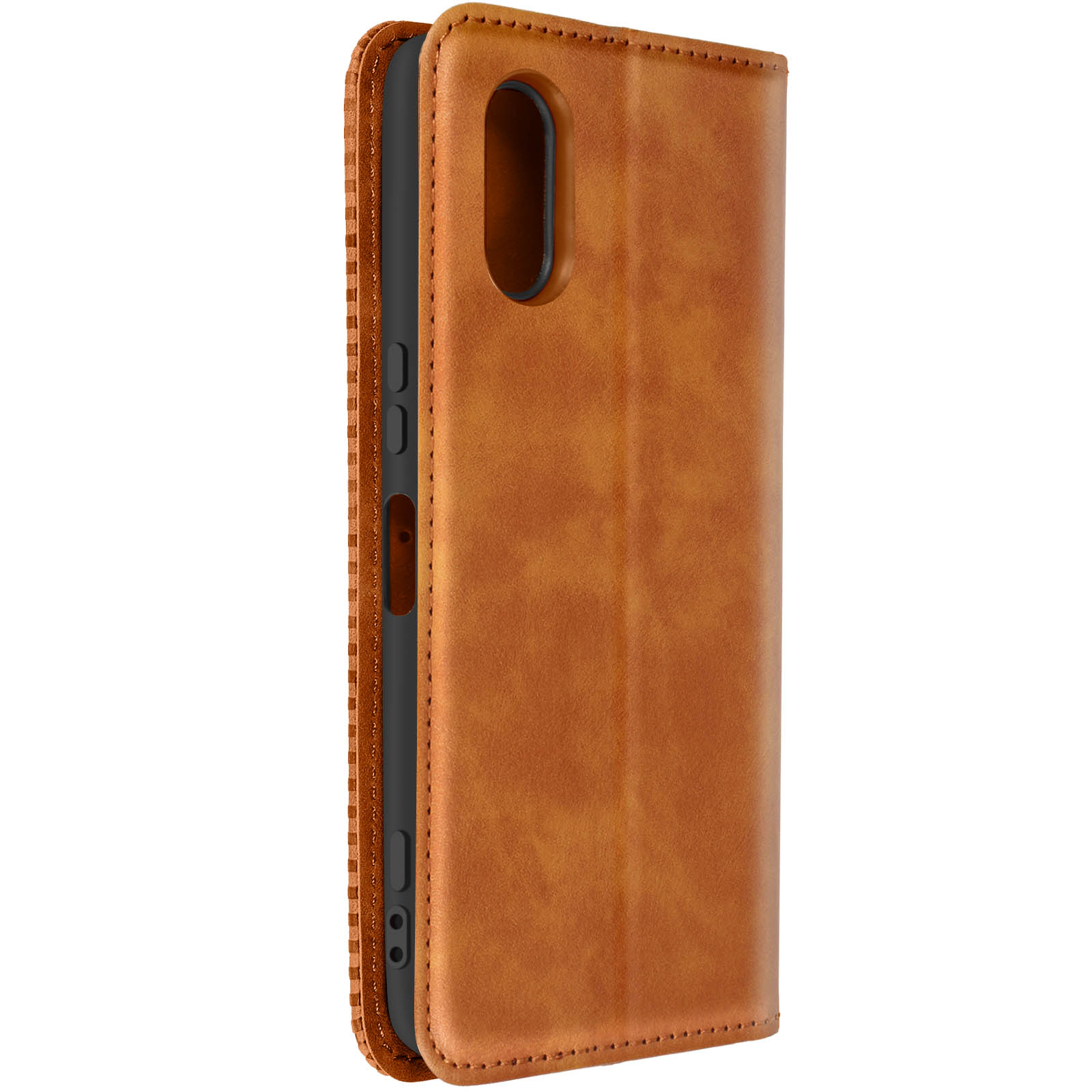 Una custodia per telefono in pelle marrone, aperta per mostrare il telefono all'interno. La custodia ha una chiusura magnetica.