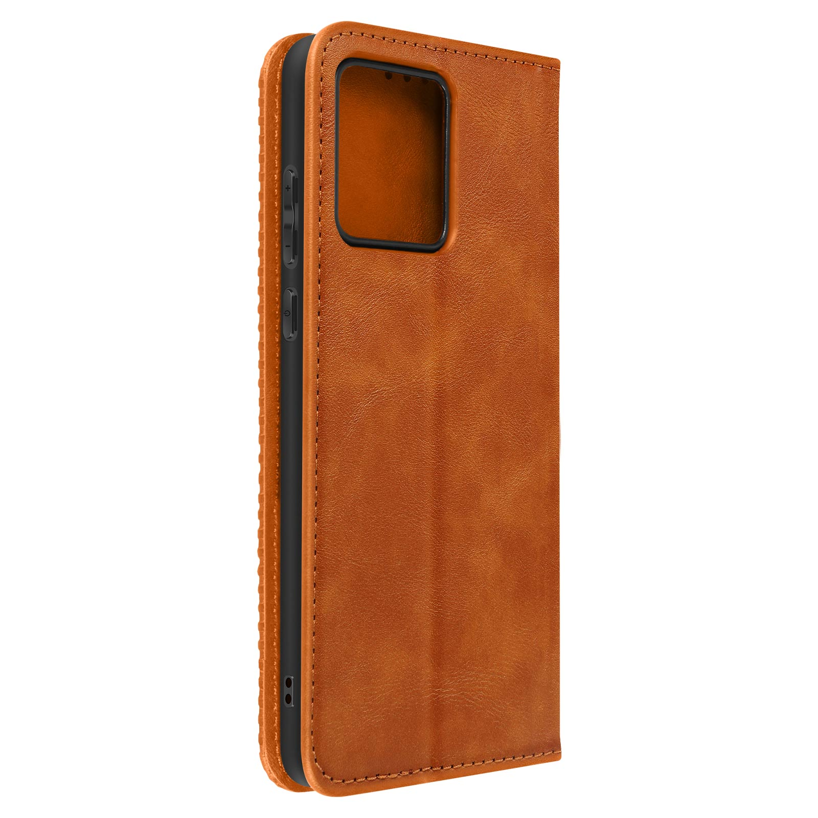 Custodia marrone con telefono nero all'interno.