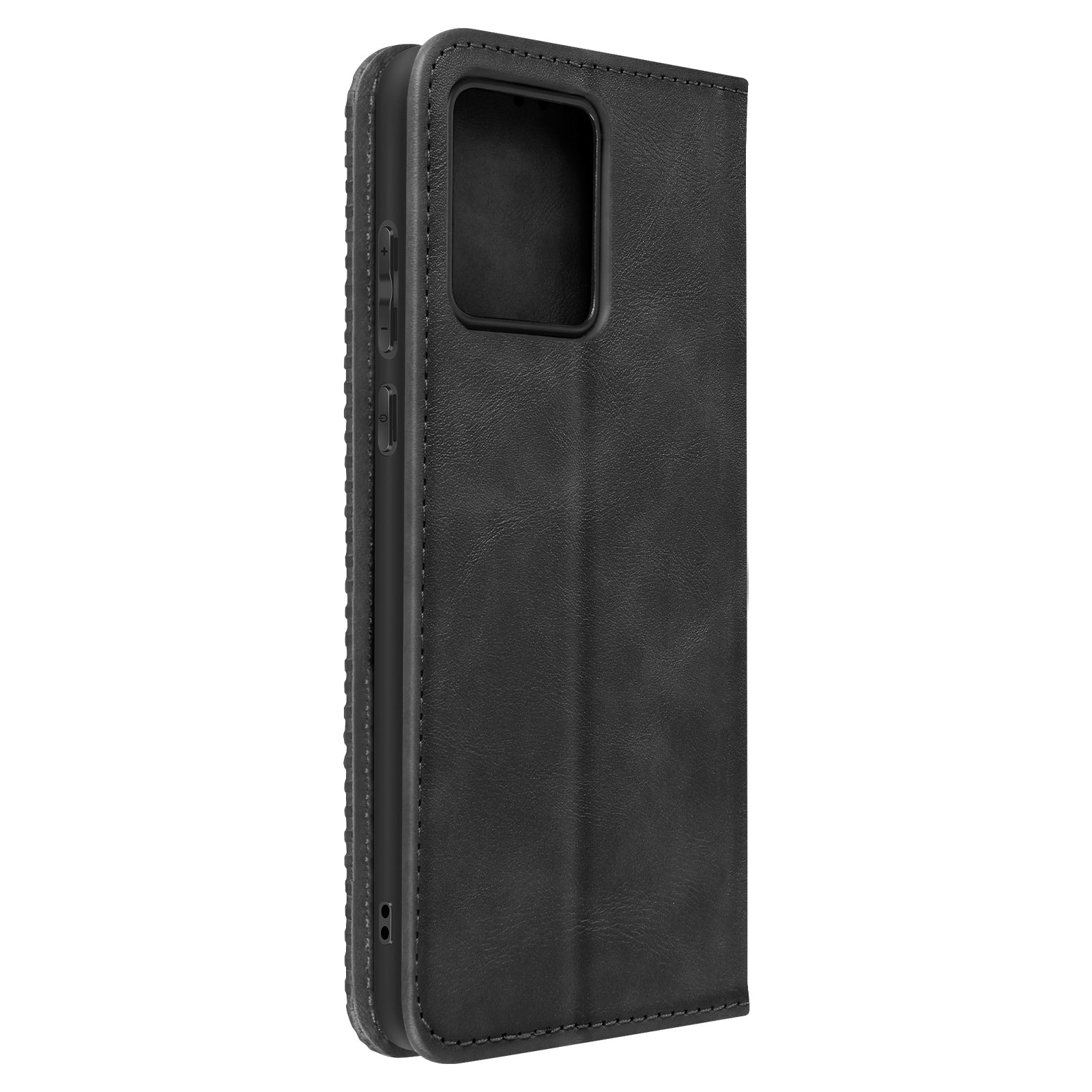 Una custodia per telefono nera con una texture simile alla pelle e un'apertura piegata.