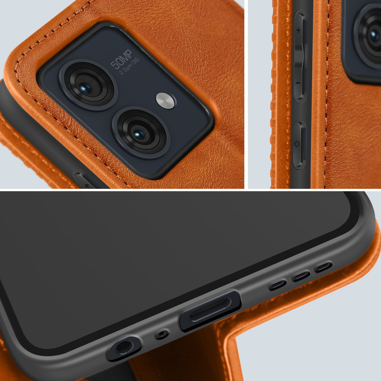 Primo piano di un telefono con custodia in pelle marrone e dettagli della fotocamera.