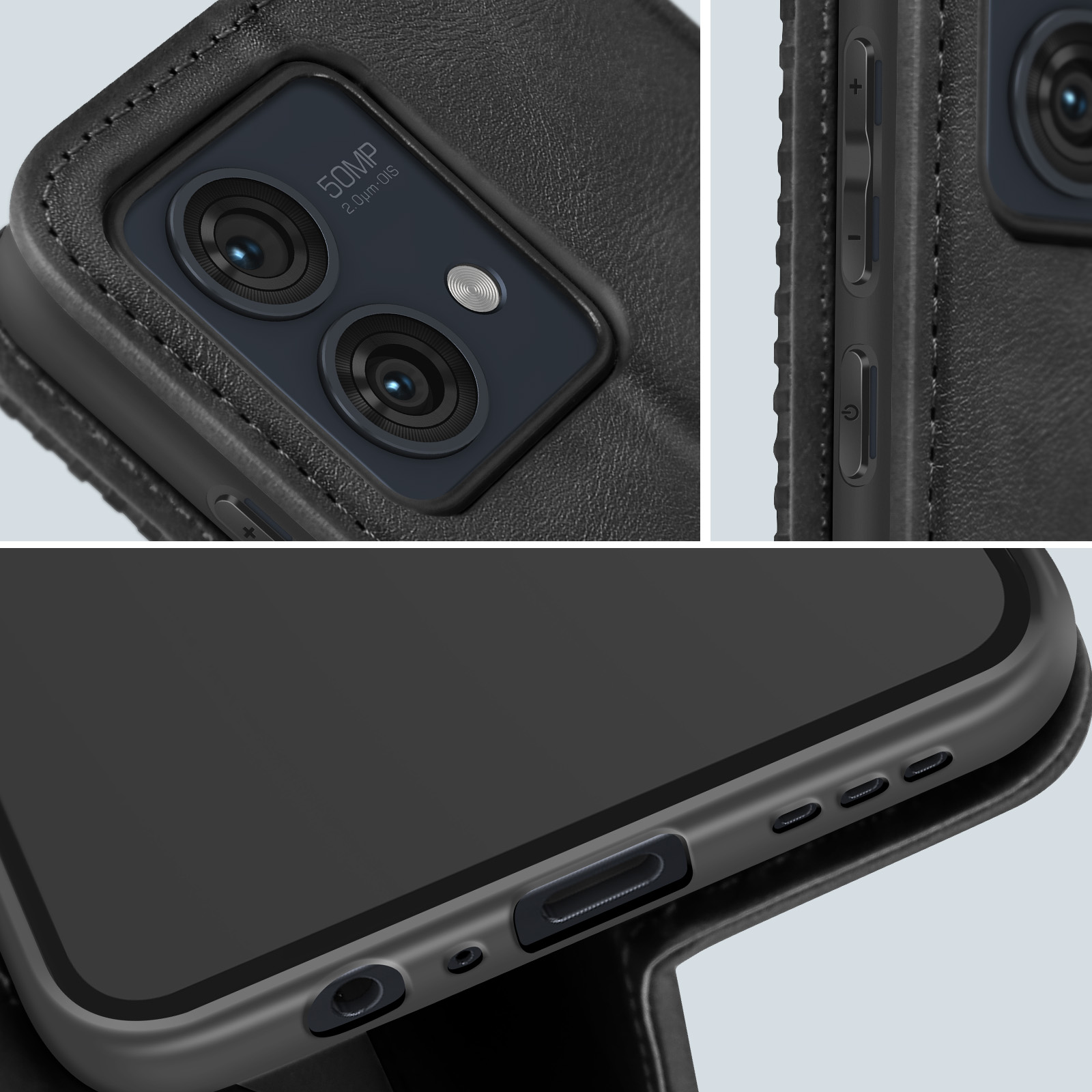 Primi piani di una custodia per telefono con dettagli della fotocamera e dei pulsanti laterali in nero, che evidenziano il design.