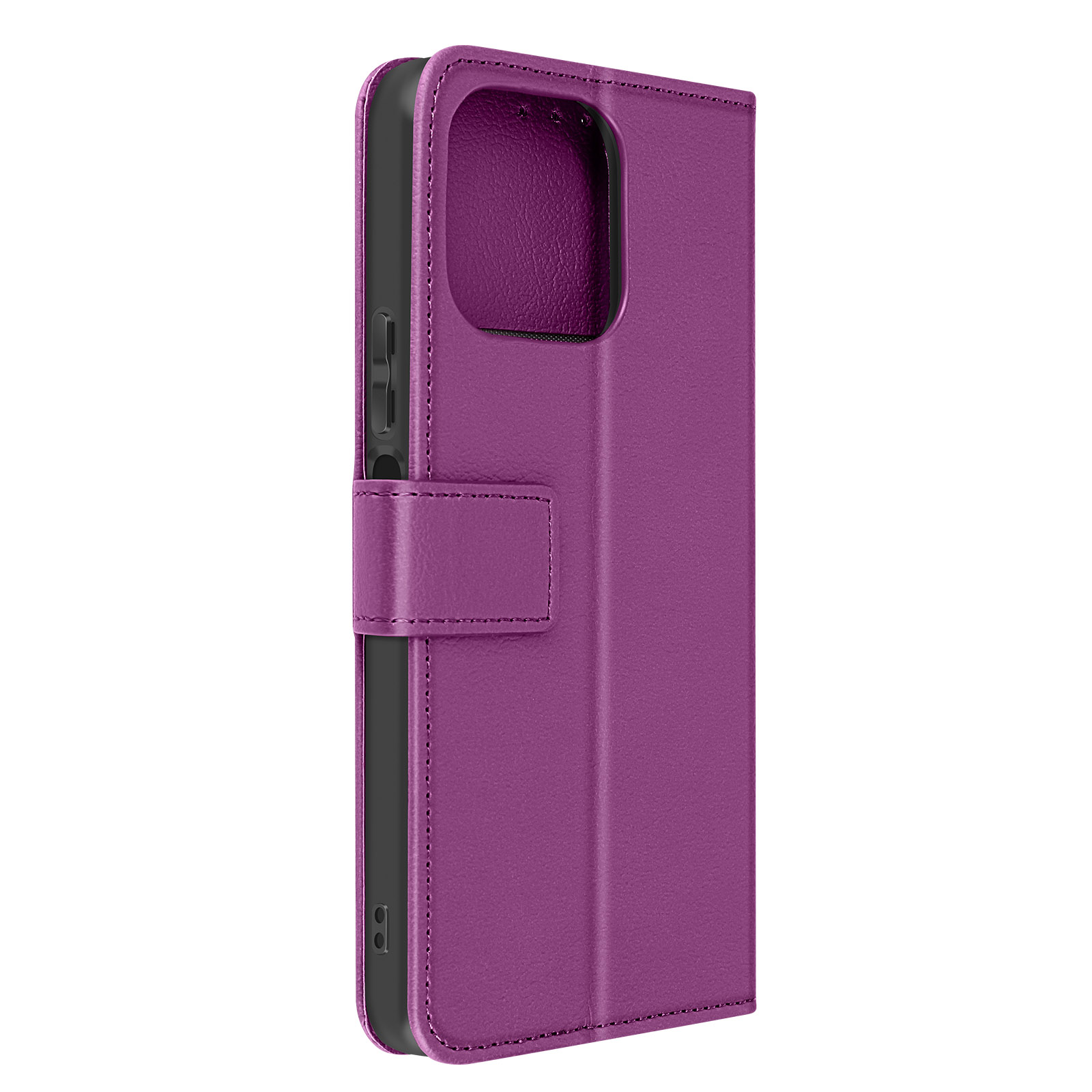 Una custodia per telefono viola con chiusura magnetica, aperta per rivelare l'interno.