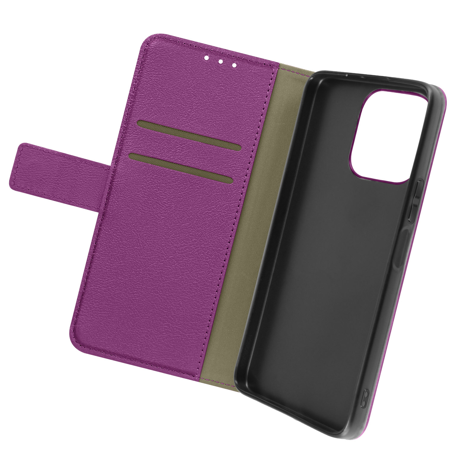 Custodia del telefono viola aperta. Pelle viola, interno nero e sfondo bianco.