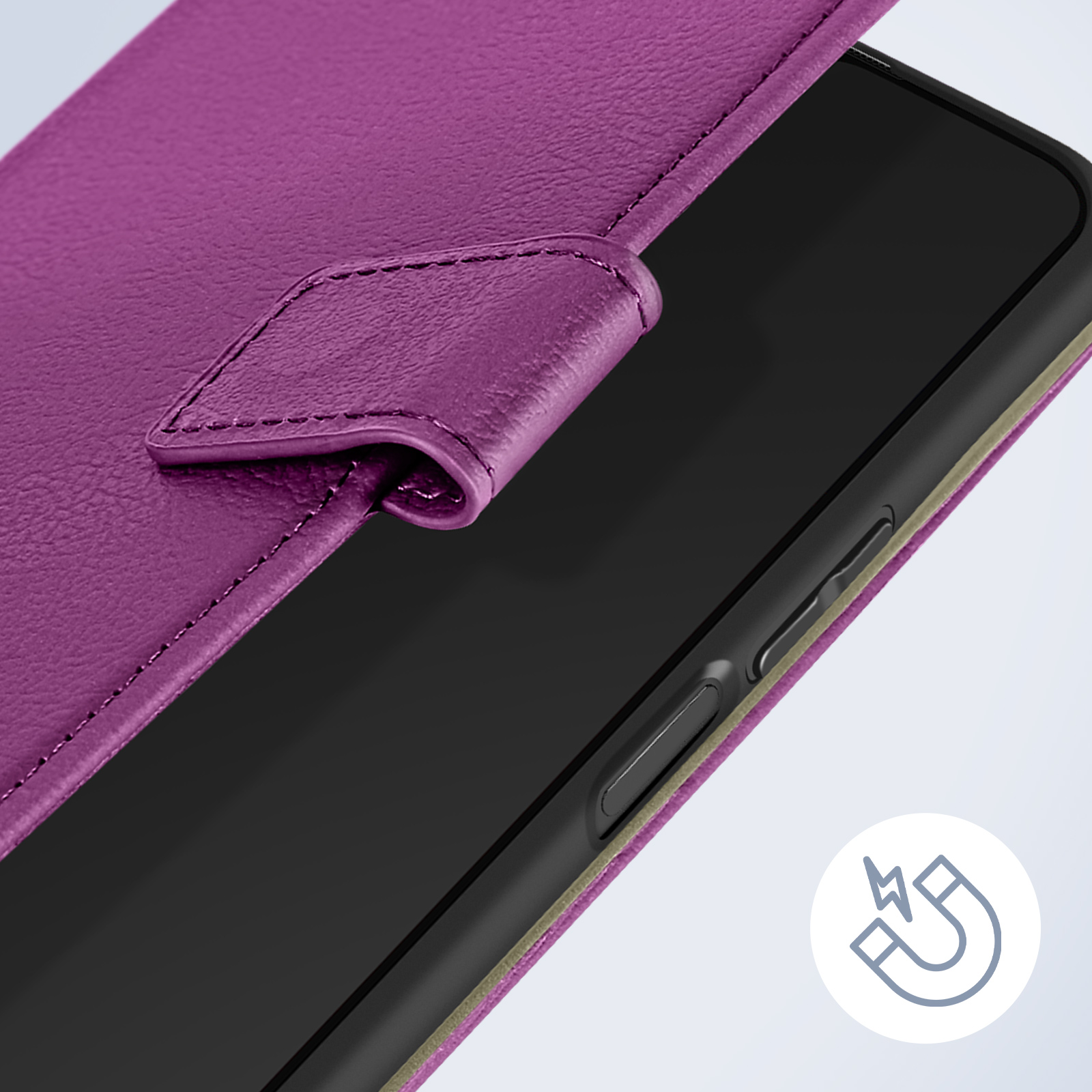 Una custodia per telefono viola, aperta, che mostra il telefono nero all'interno. Simbolo magnetico.