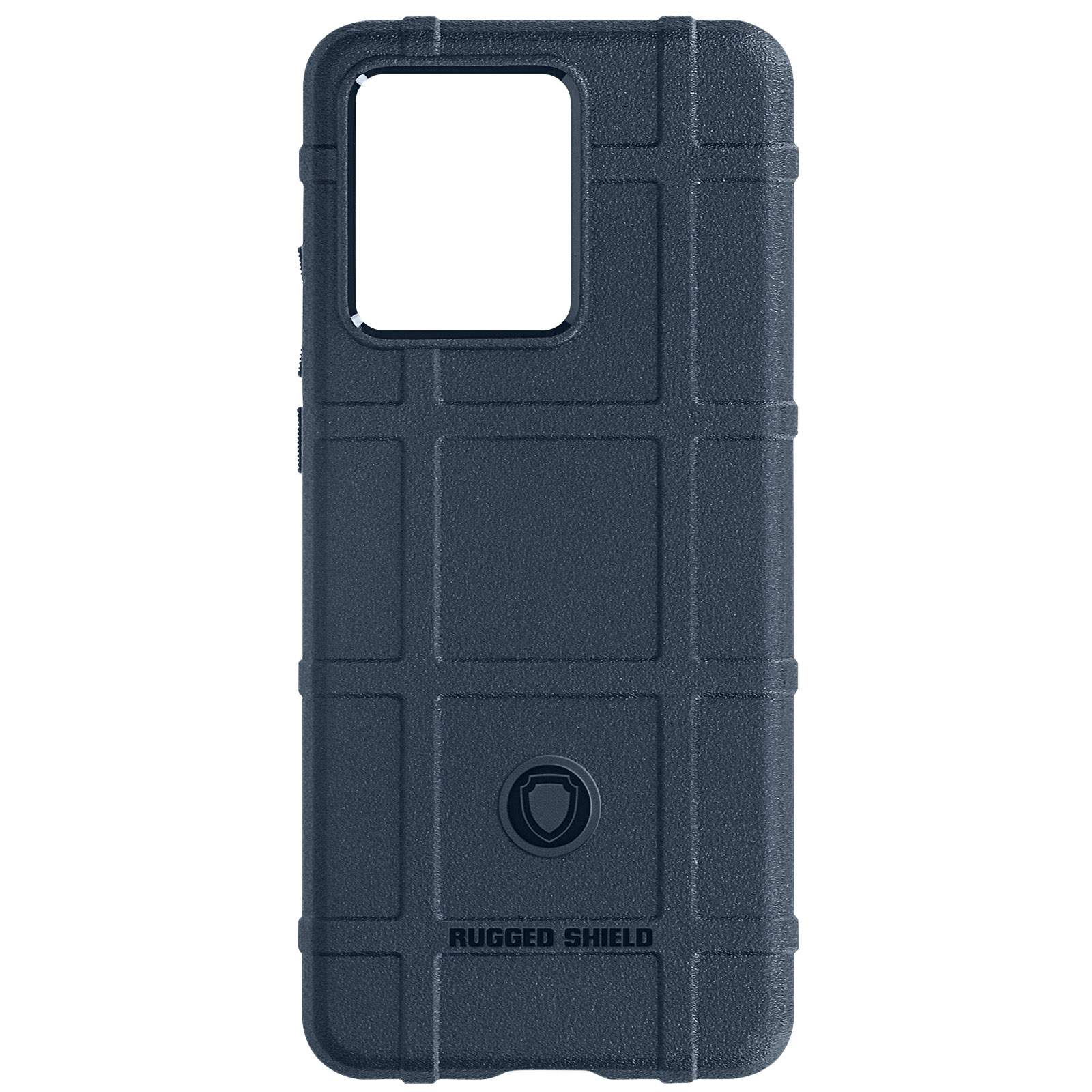 Custodia per telefono blu navy con motivo a griglia strutturata e logo in basso.